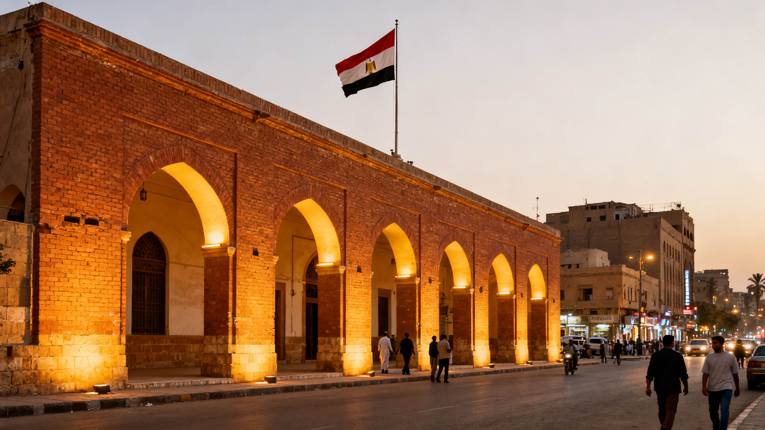 Historic brick building of Felfela with well-lit arches and Egyptian flags in a busy Cairo street scene at dusk