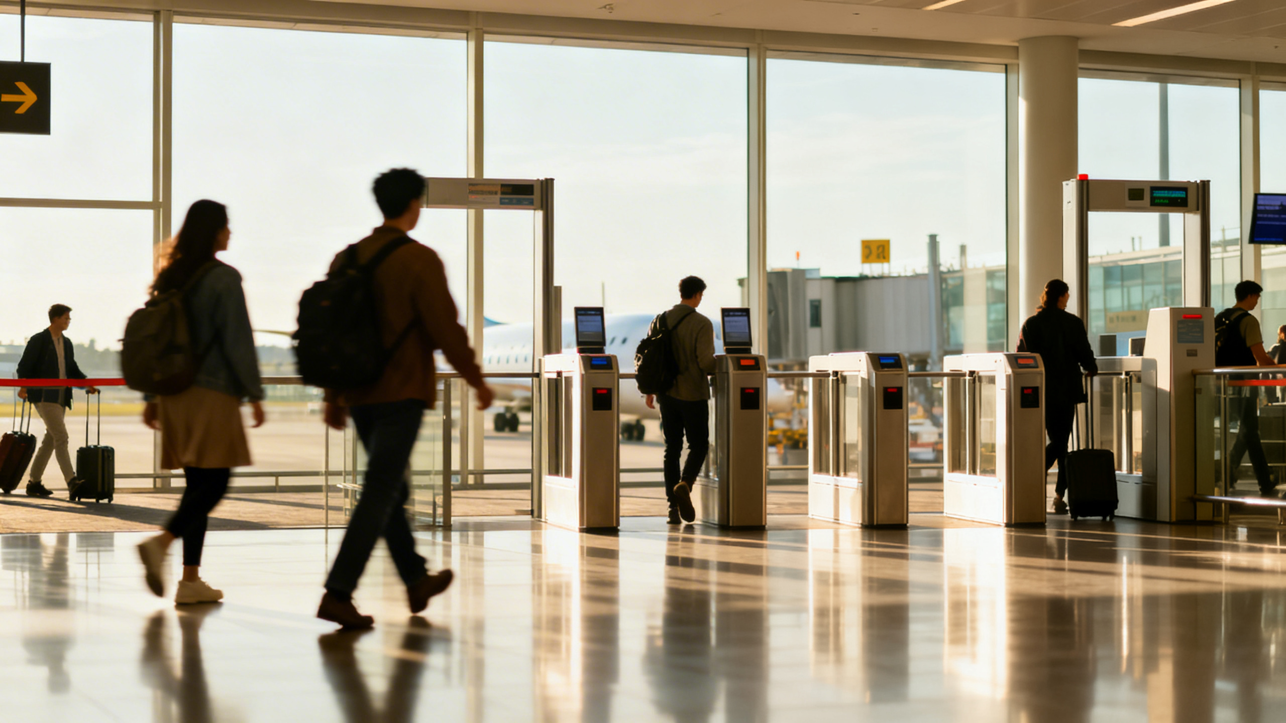 An airport terminal with travelers walking past departure gates under bright artificial light