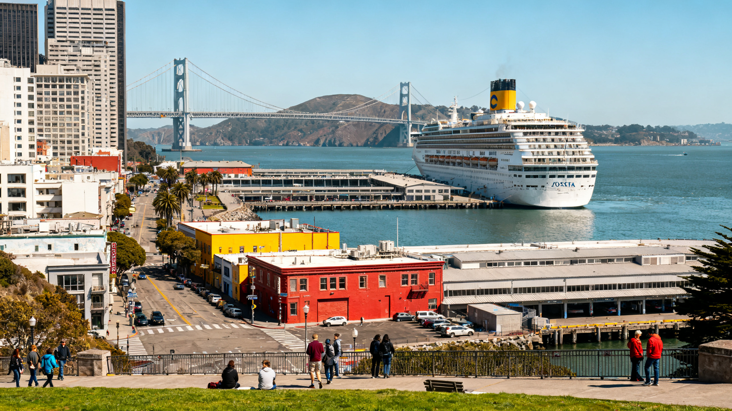 A vibrant cruise port in San Francisco with a Costa cruise ship docked among colorful cityscapes and the iconic Golden Gate Bridge in the distance.