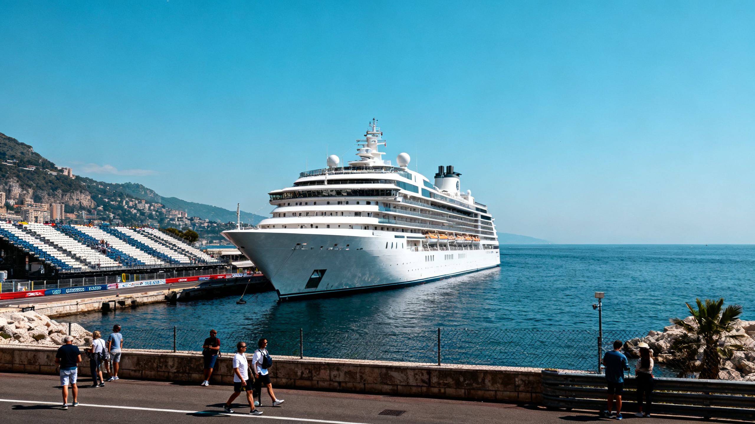 A sleek luxury cruise ship docked beside Monaco’s glamorous harbor, with grandstands and the city’s Mediterranean coastline under a clear blue sky.