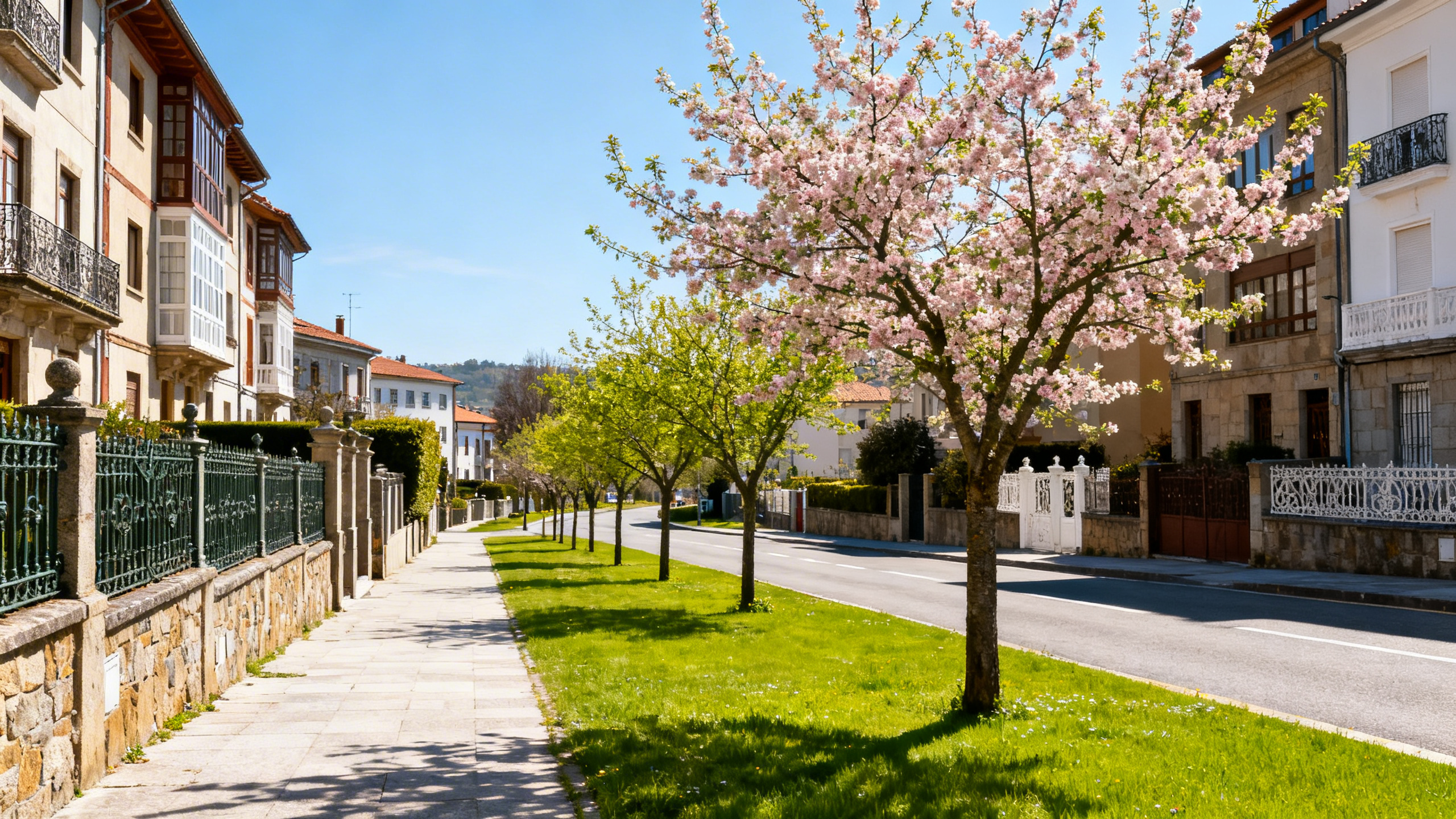 Suburban neighborhood street in Oviedo with well-kept lawns and flowering trees in a sunny spring setting