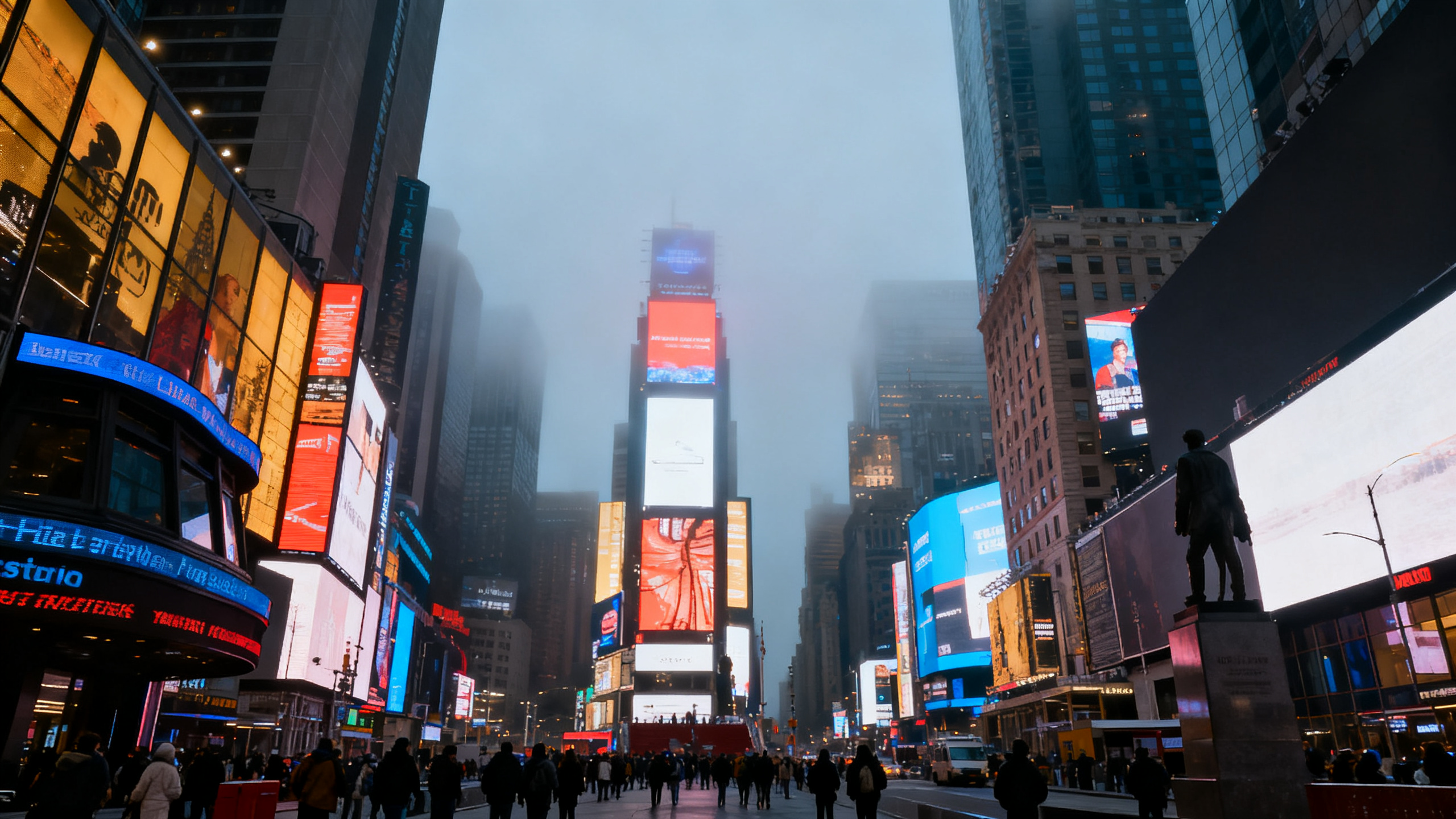 Dense crowds and enormous digital billboards lighting up a busy evening in the middle of Times Square