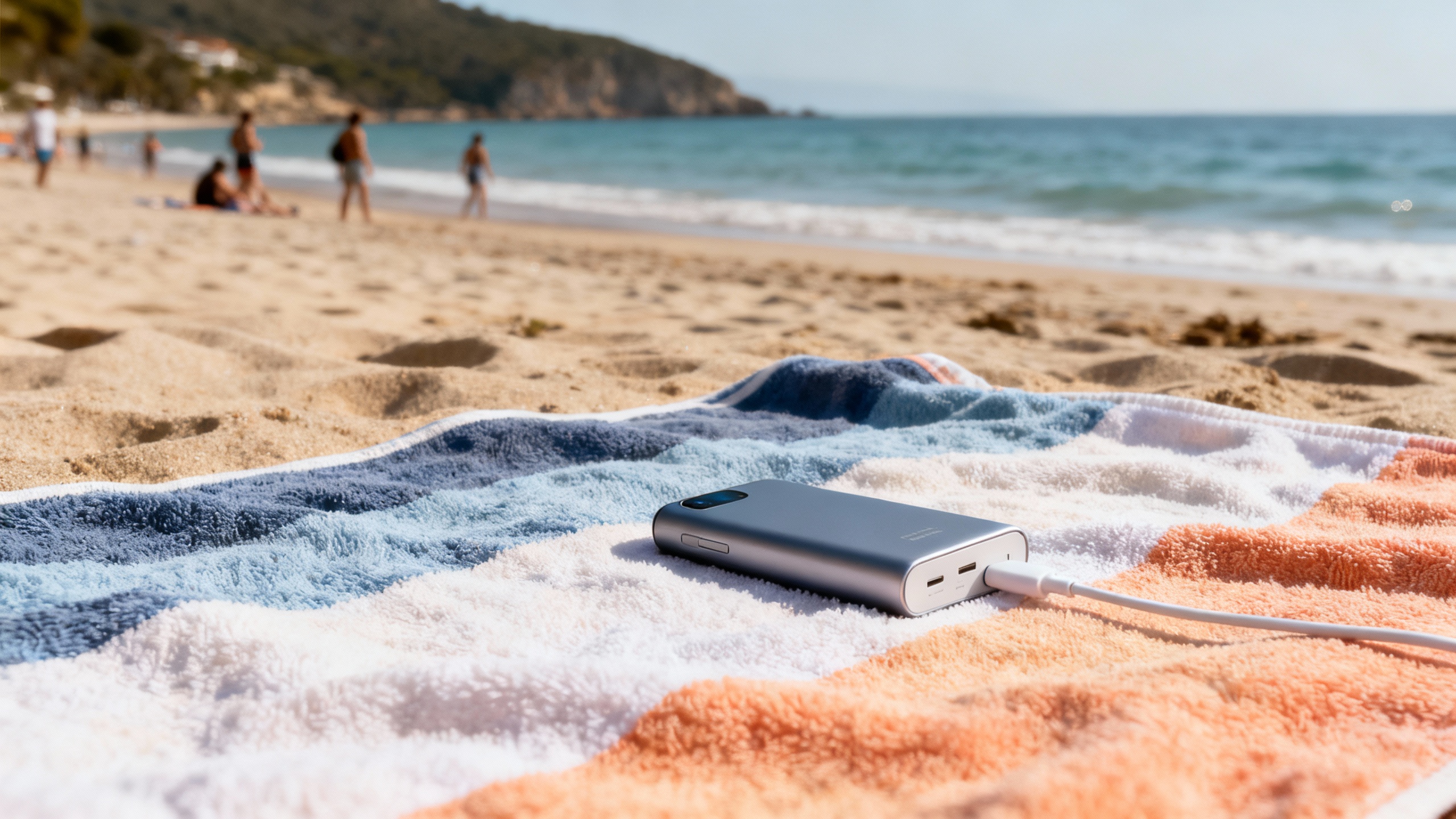 portable phone charger on beach towel