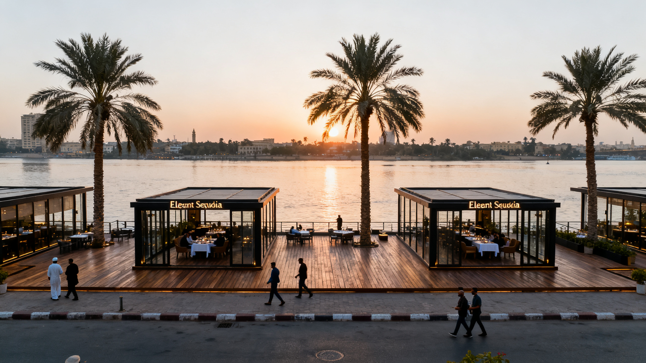 Elegant Sequoia restaurant by the Nile River in Zamalek, with palm trees and sleek wooden decks overlooking calm water at sunset