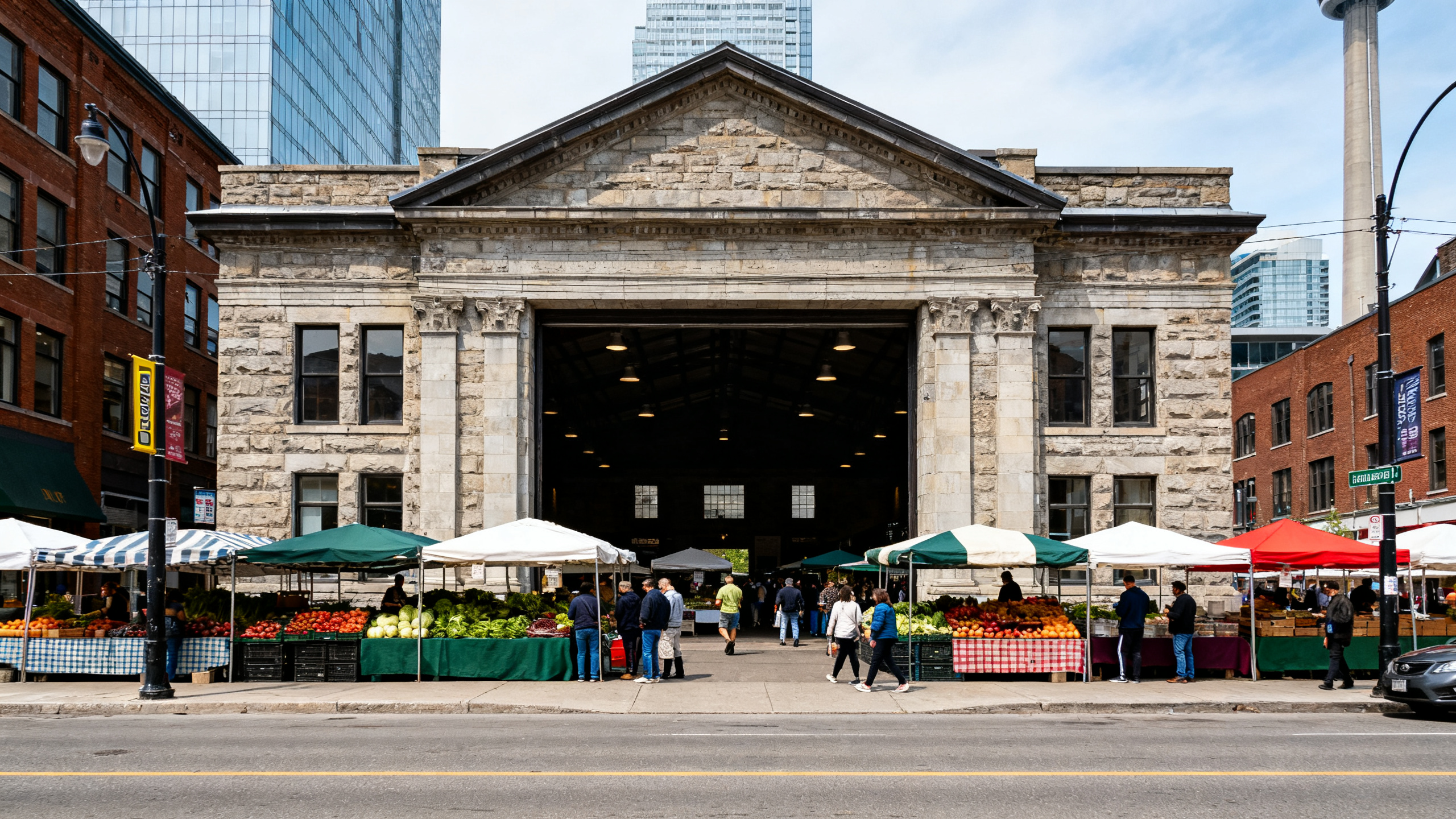 Historic stone building with wide entrance leading to a busy farmer’s and artisanal food market in downtown Toronto