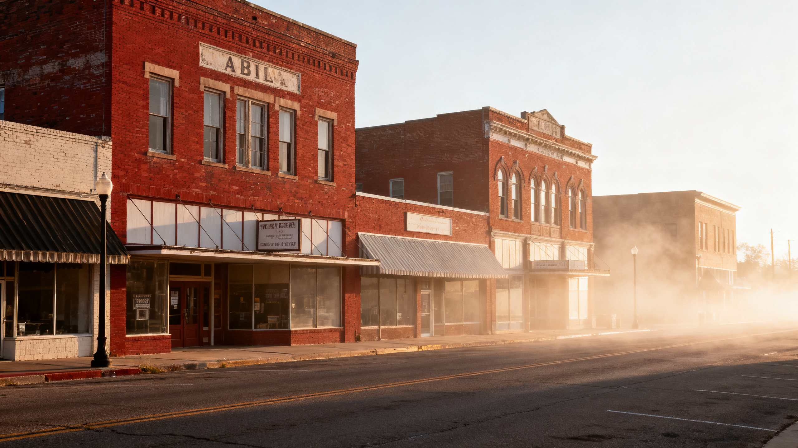 Historic red-brick downtown buildings with vintage storefronts lining a sunlit street in Abilene