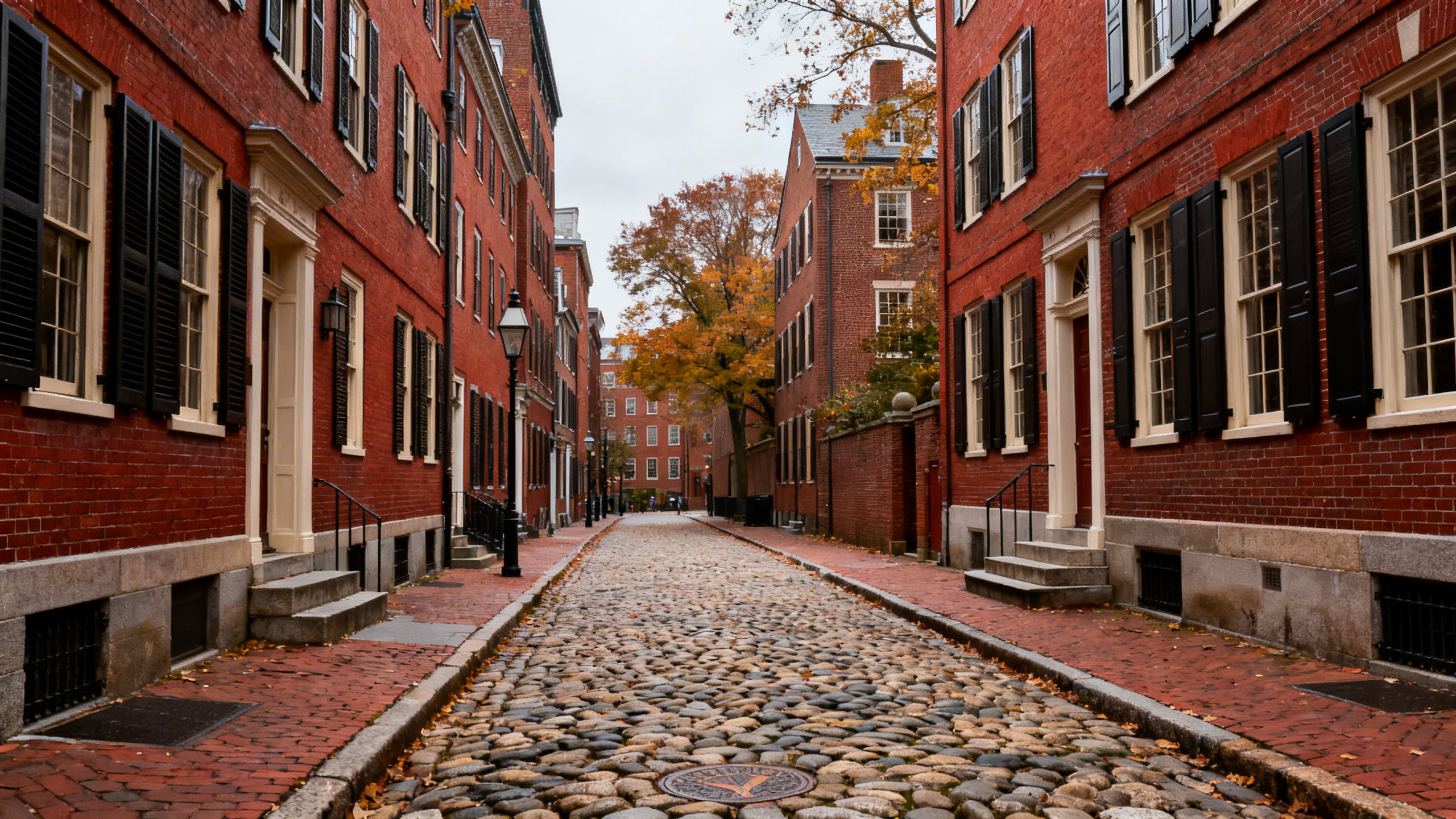 Historic red brick buildings and cobblestone streets along the Freedom Trail in Boston in autumn