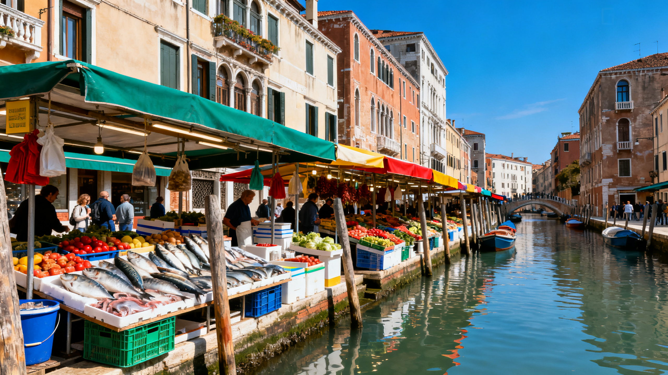 Open-air market lining the Grand Canal with colorful stalls displaying fish and produce under blue skies in Venice