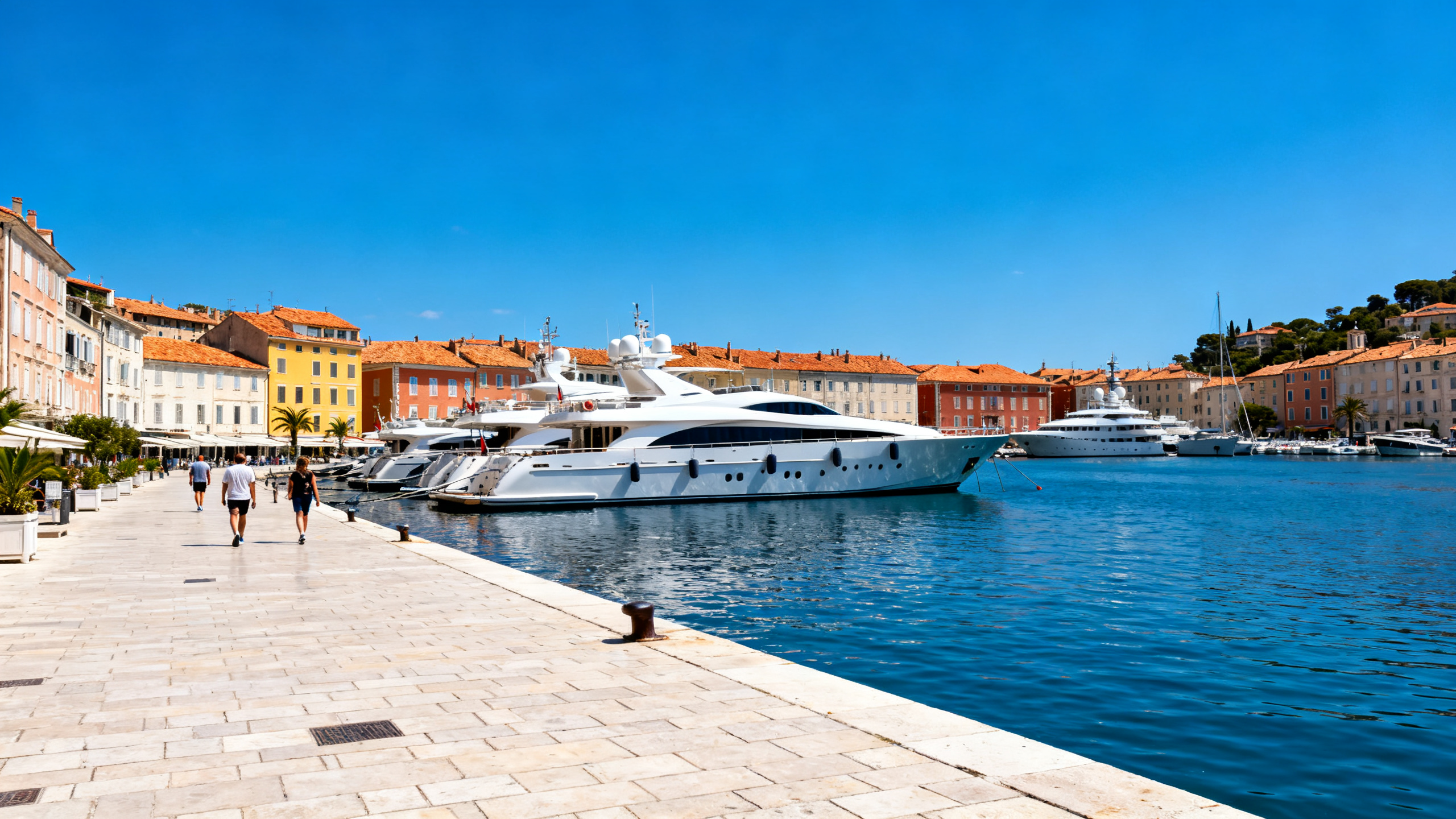 Bright Mediterranean harbor with luxury yachts and colorful buildings under a cloudless sky, tourists walking along the waterfront