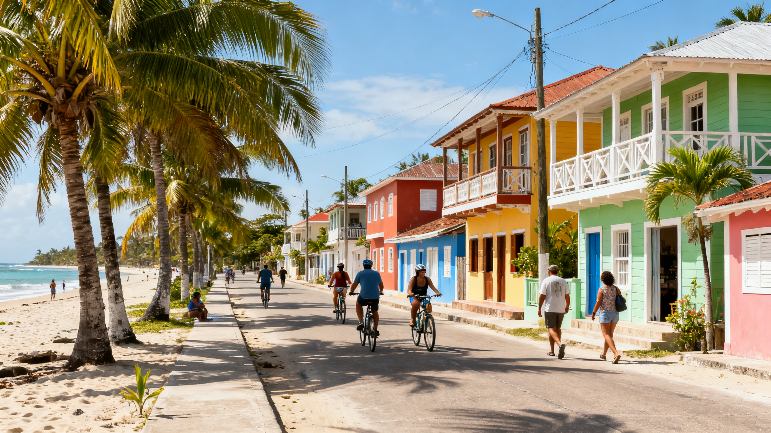 Colorful Caribbean-style buildings along a palm-lined beach street in Puerto Viejo, with cyclists and tourists exploring on sunny afternoon