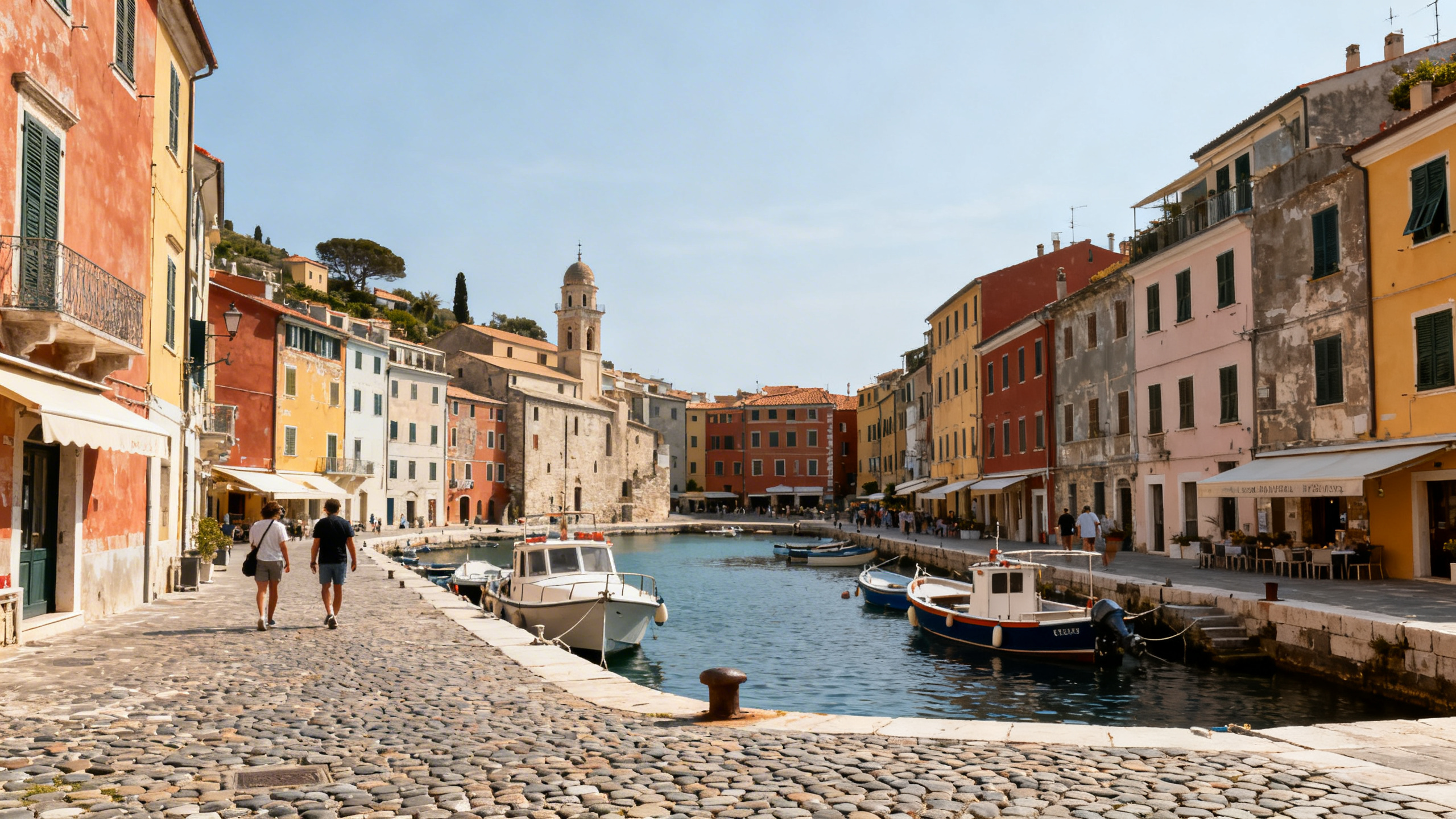 Tourists exploring a historic seaside town with colorful buildings and a small harbor