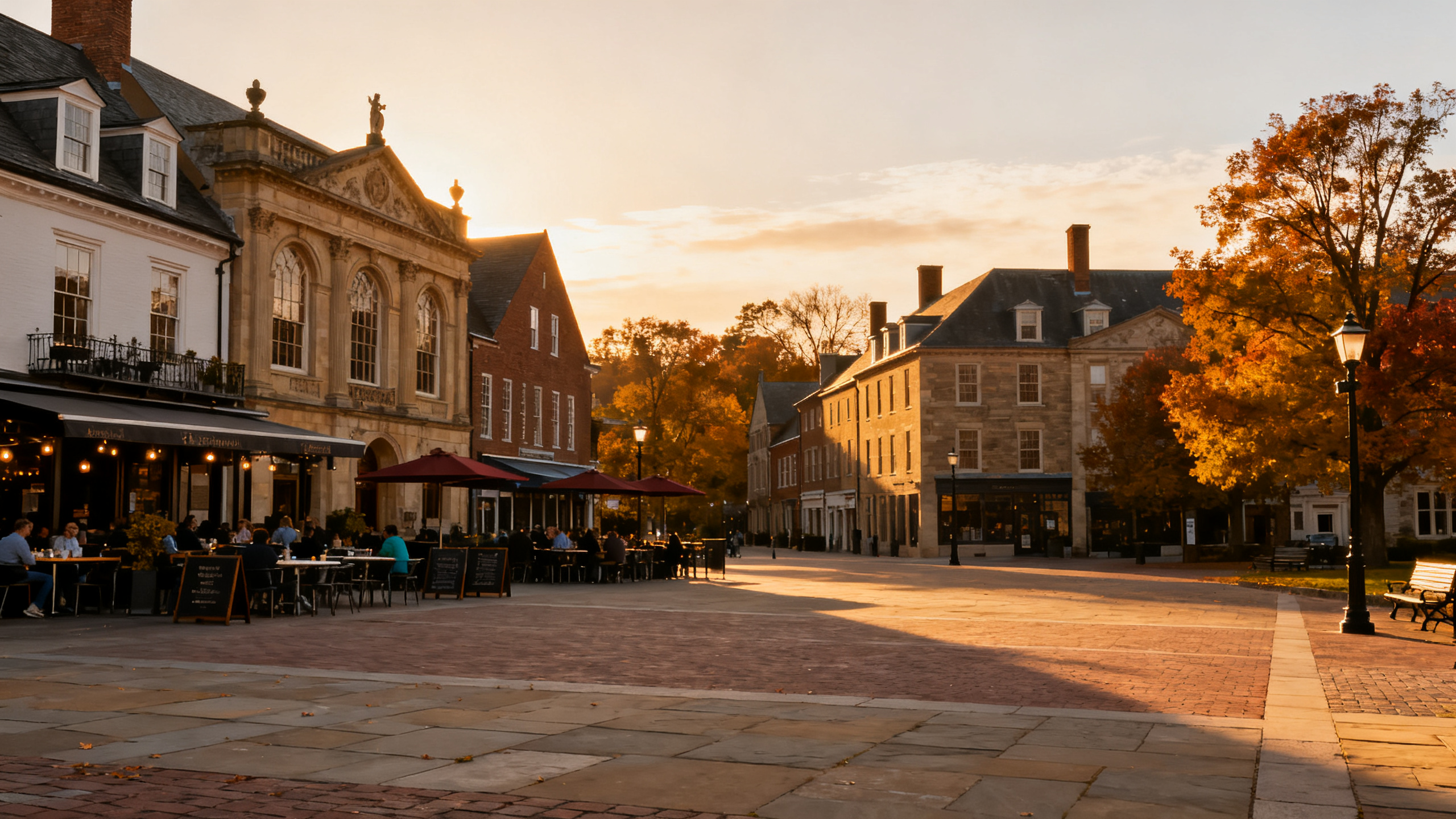 College town square with historic buildings and outdoor cafes bustling with visitors on a mild autumn day