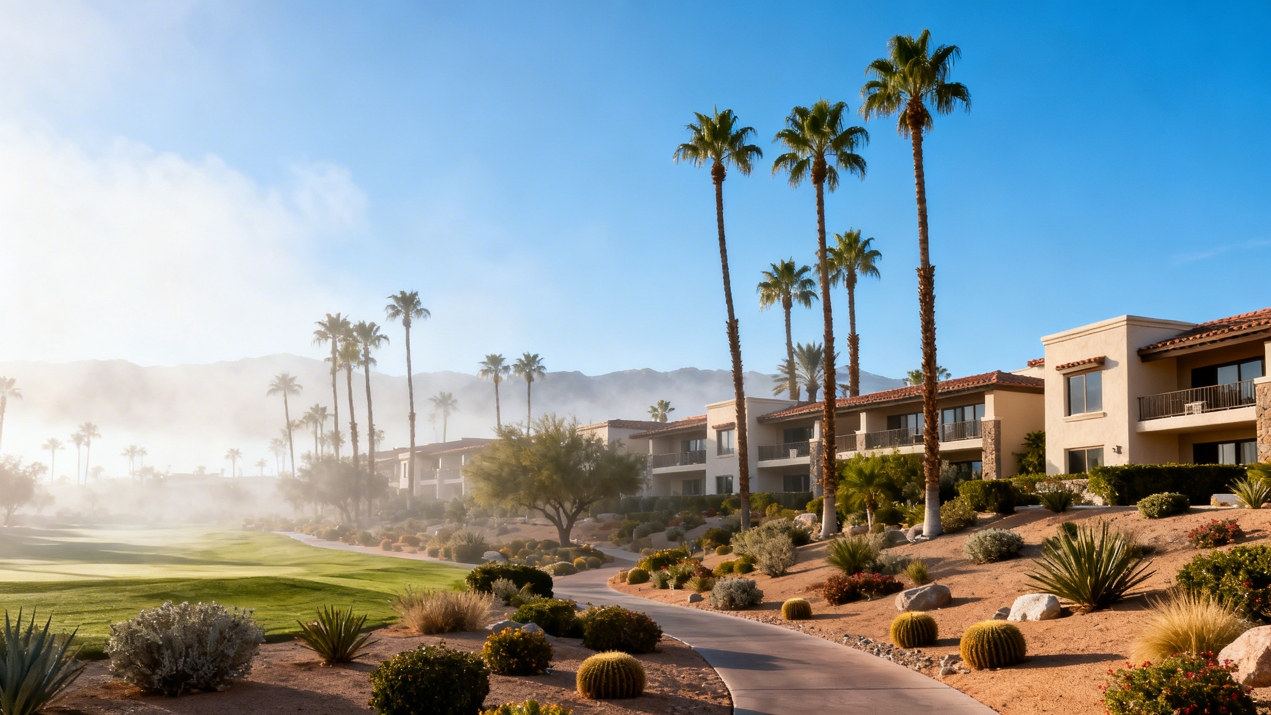 Palm trees and desert landscaping surrounding upscale resorts under a bright blue sky in Rancho Mirage, California