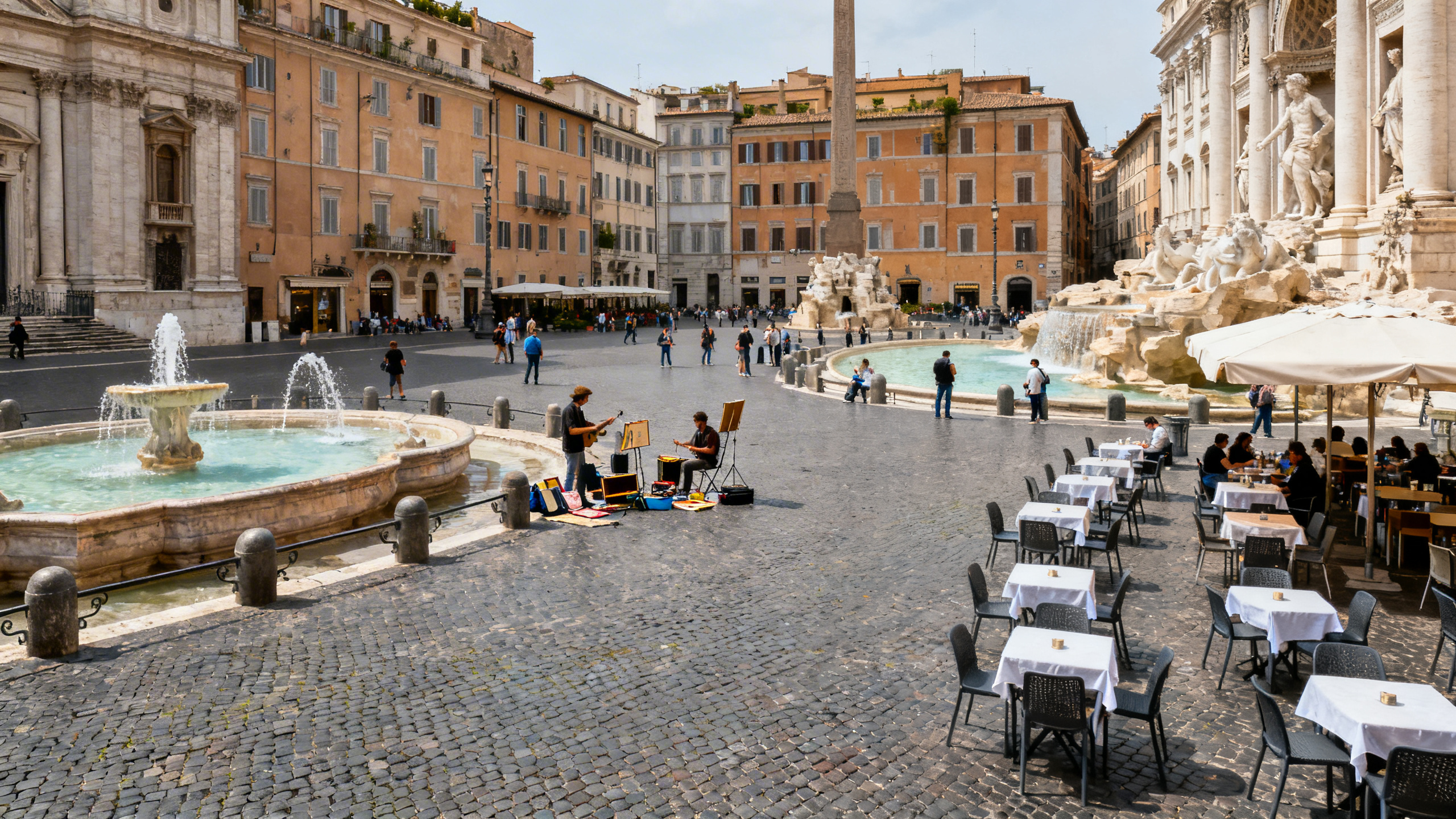 Wide cobblestone piazza filled with fountains, street artists, and outdoor café tables surrounded by baroque architecture