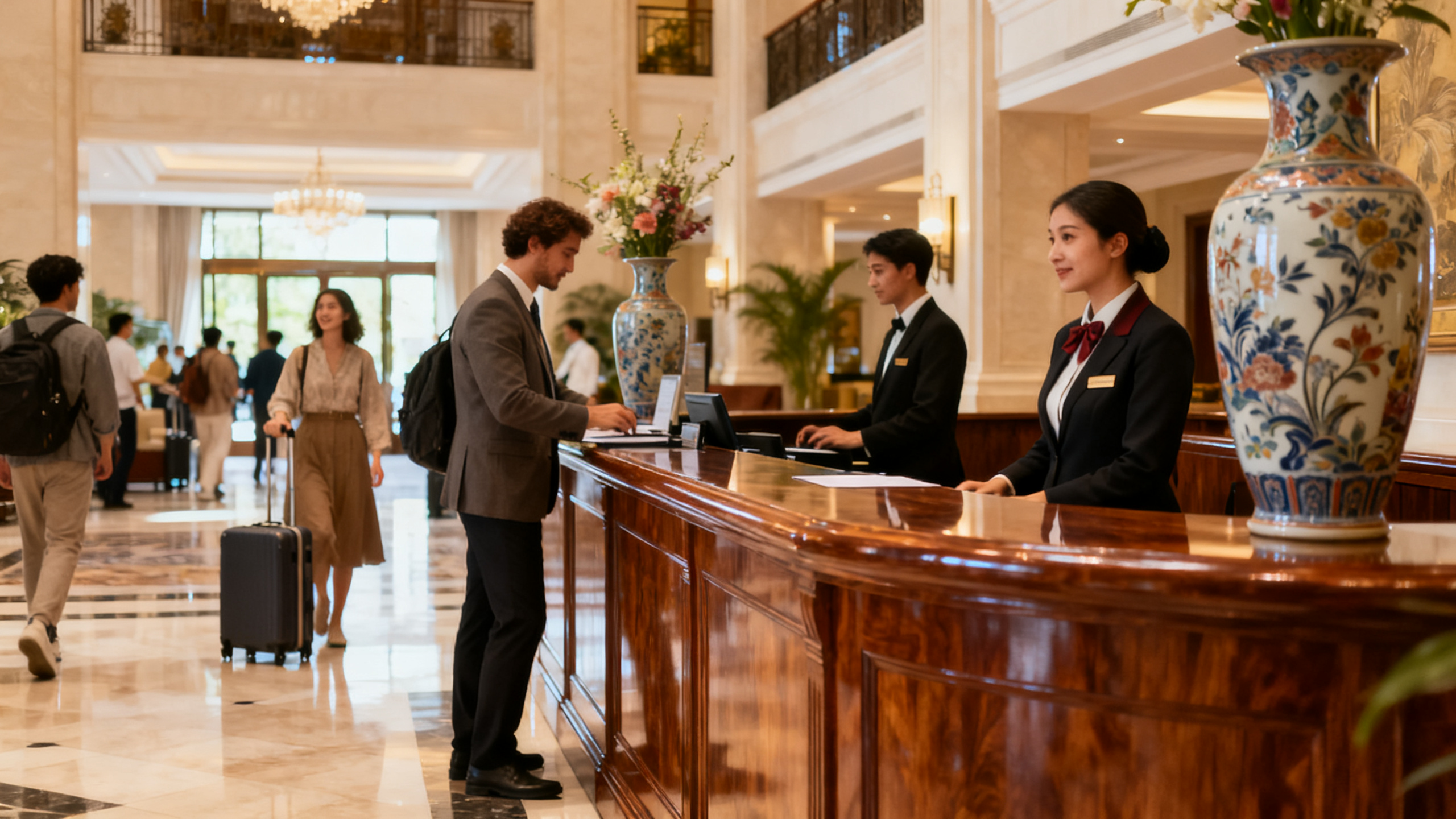Hotel concierge counter in a grand lobby with polished wood and decorative vases, busy with visitors.
