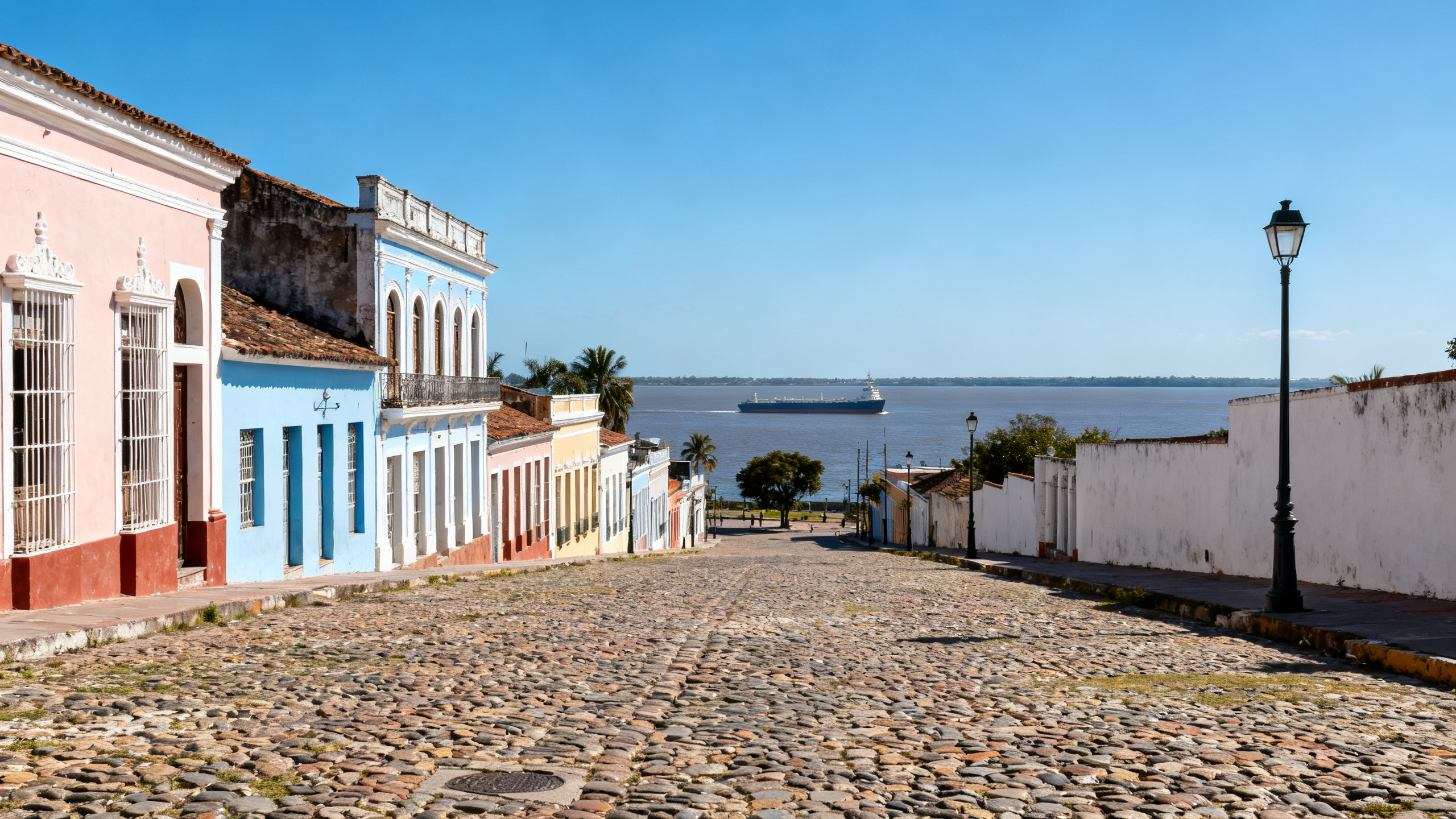 Historic colonial streets with cobblestones and pastel-colored buildings near the Río de la Plata waterfront under a blue sky