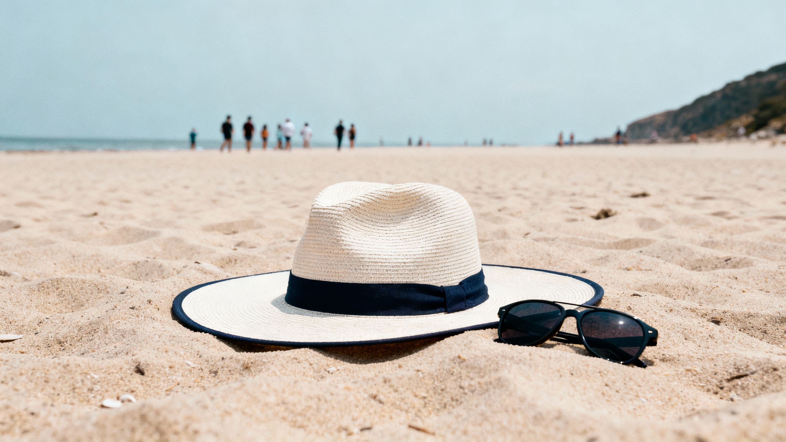 wide-brim hat and sunglasses on sandy beach