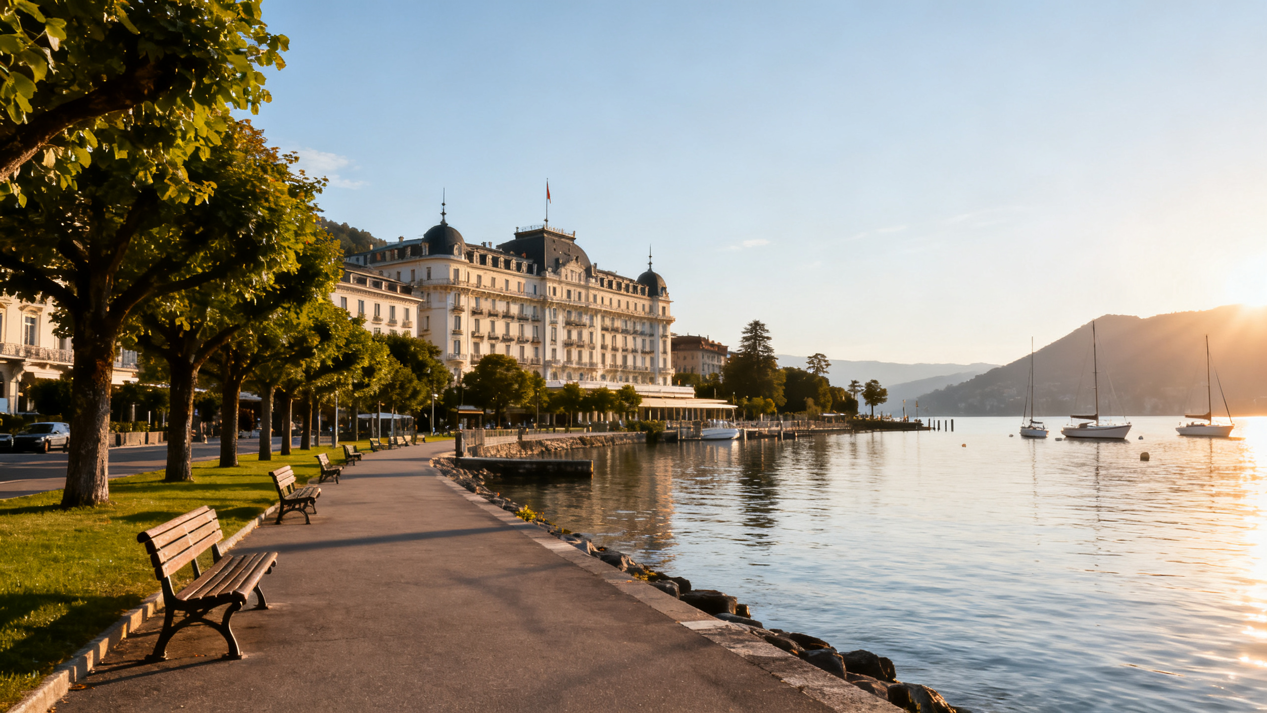 A lakeside promenade lined with trees and benches, grand historic hotels, and yachts on the water during a calm summer evening.