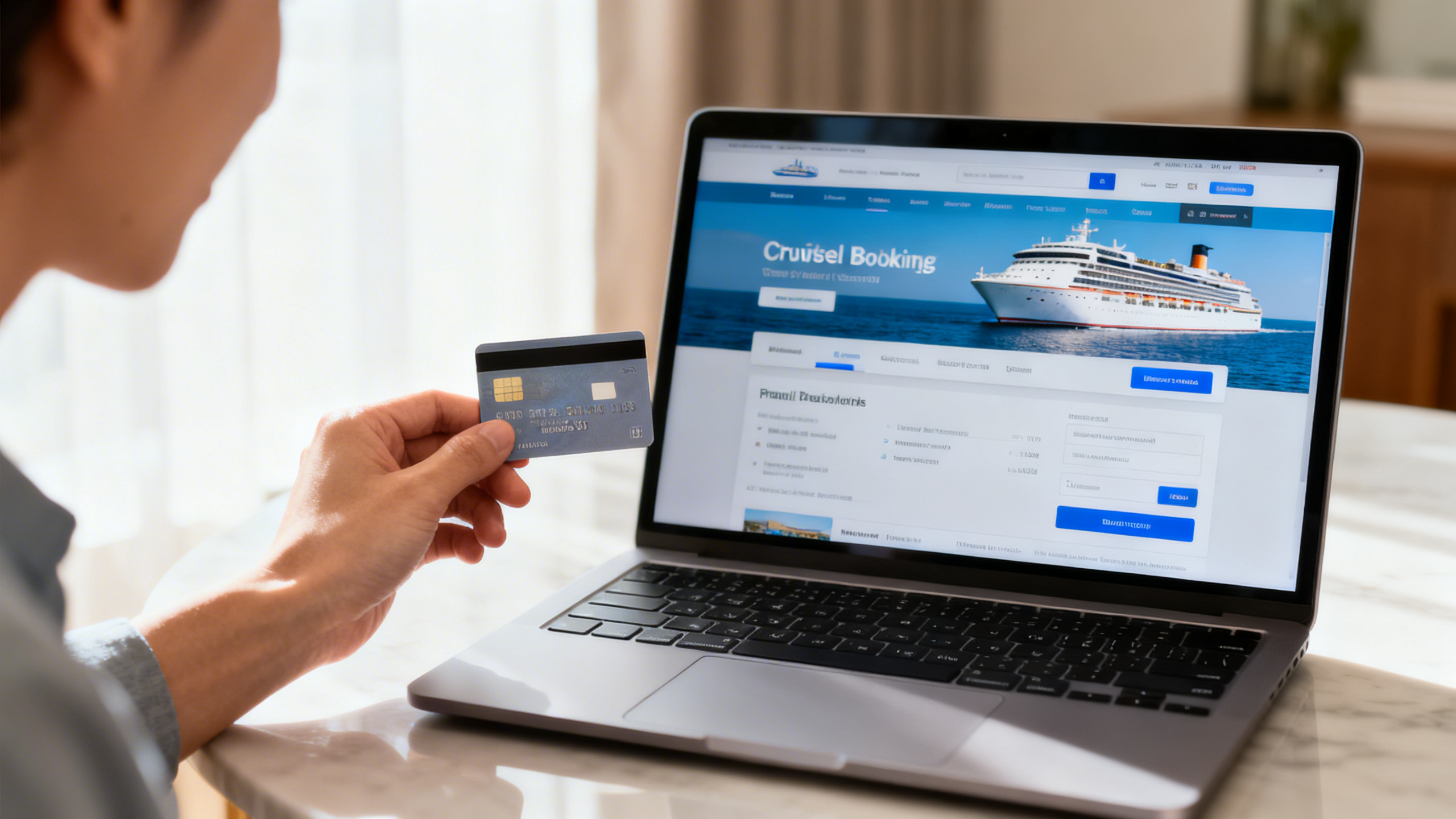 A traveler holding a credit card next to a laptop open to a cruise booking page in a well-lit room