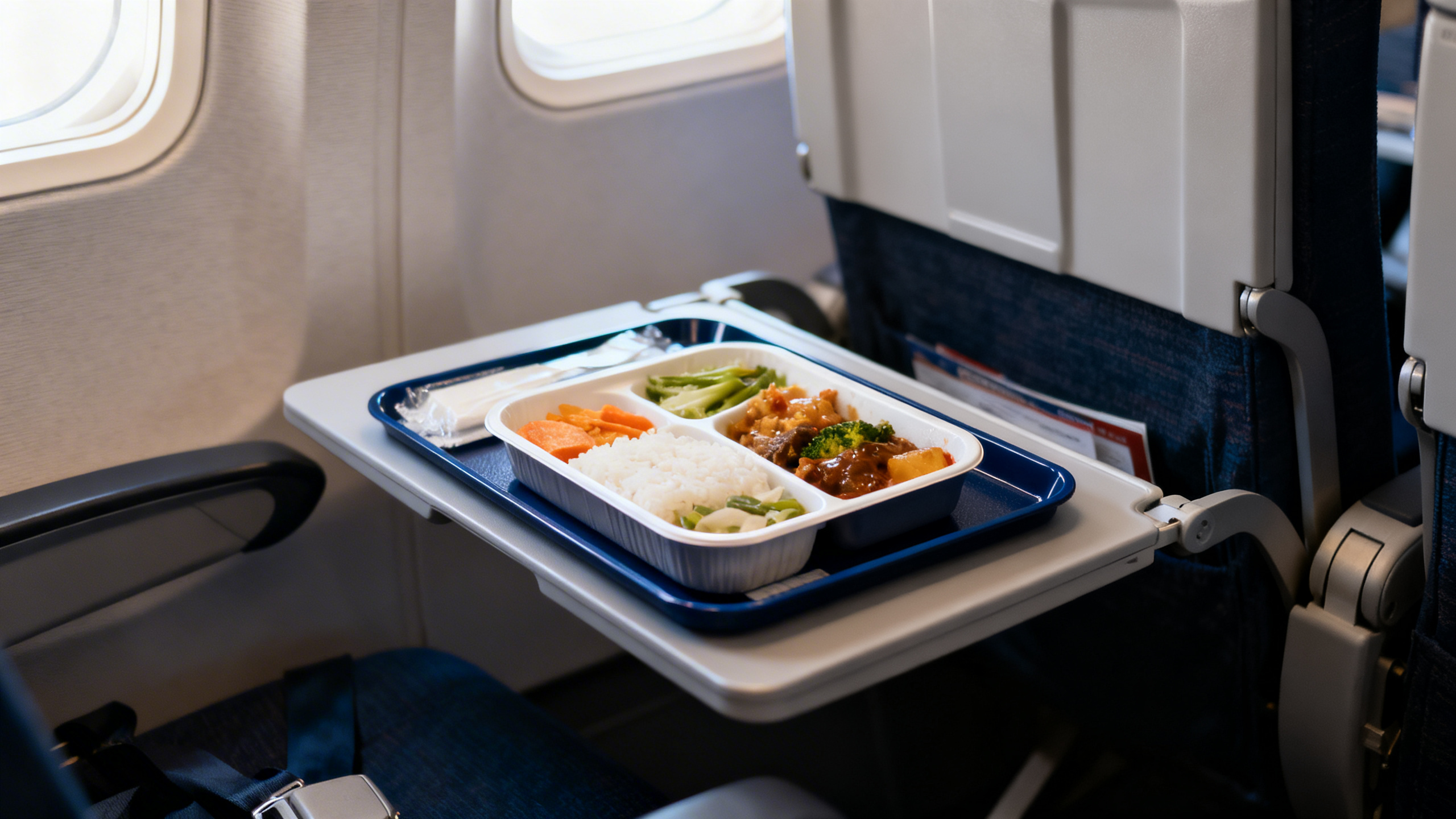 Airline meal tray on an airplane fold-down table in decent light