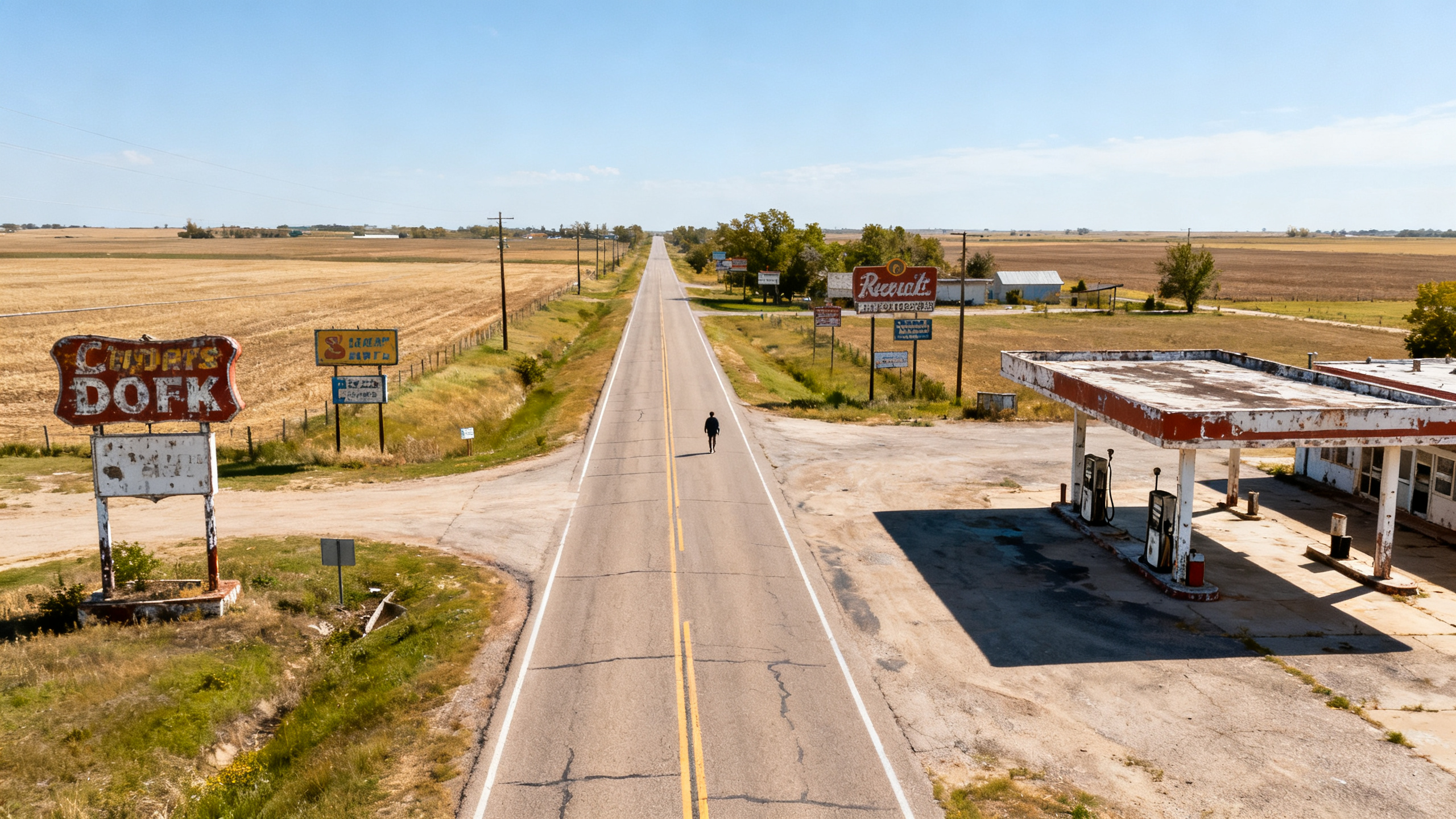 An old two-lane highway runs through flat farmland, lined with vintage signs and abandoned gas stations on a sunny day.