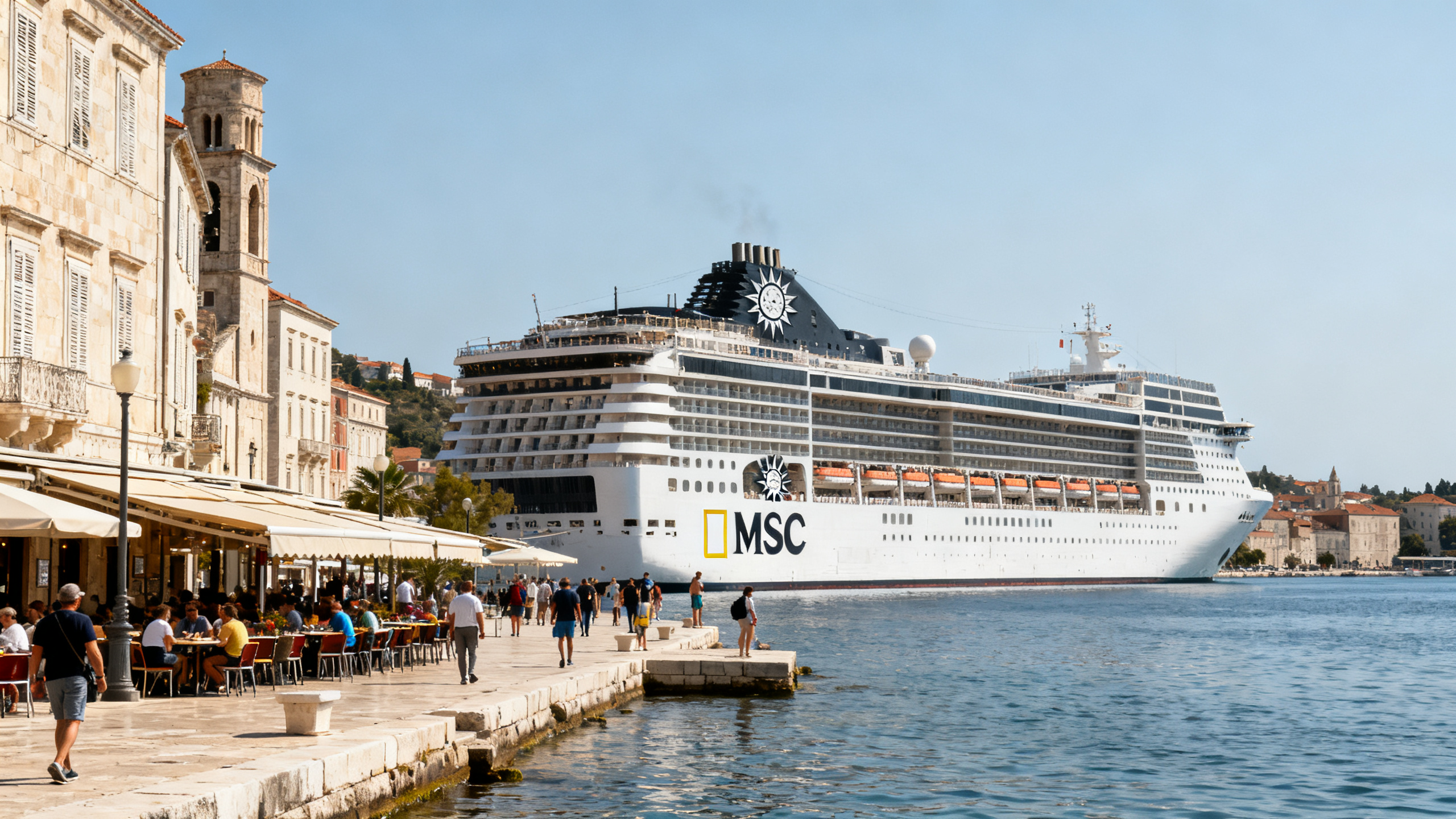 An MSC cruise ship moored at a sunny Mediterranean port with bustling waterfront cafes and historic buildings in the background under clear skies.