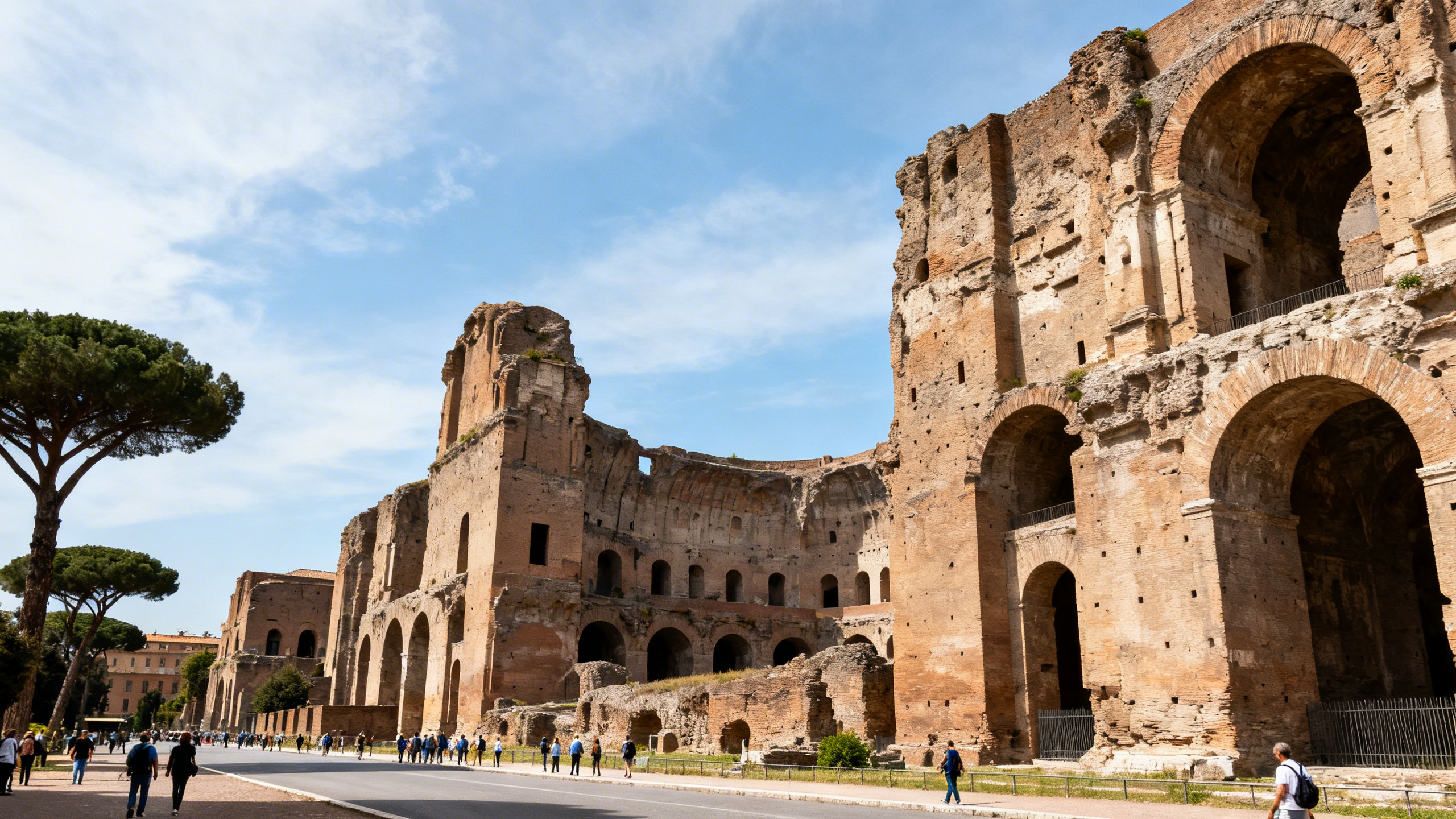 Vast ancient ruins of the Baths of Caracalla with large stone walls and archways under a bright sky