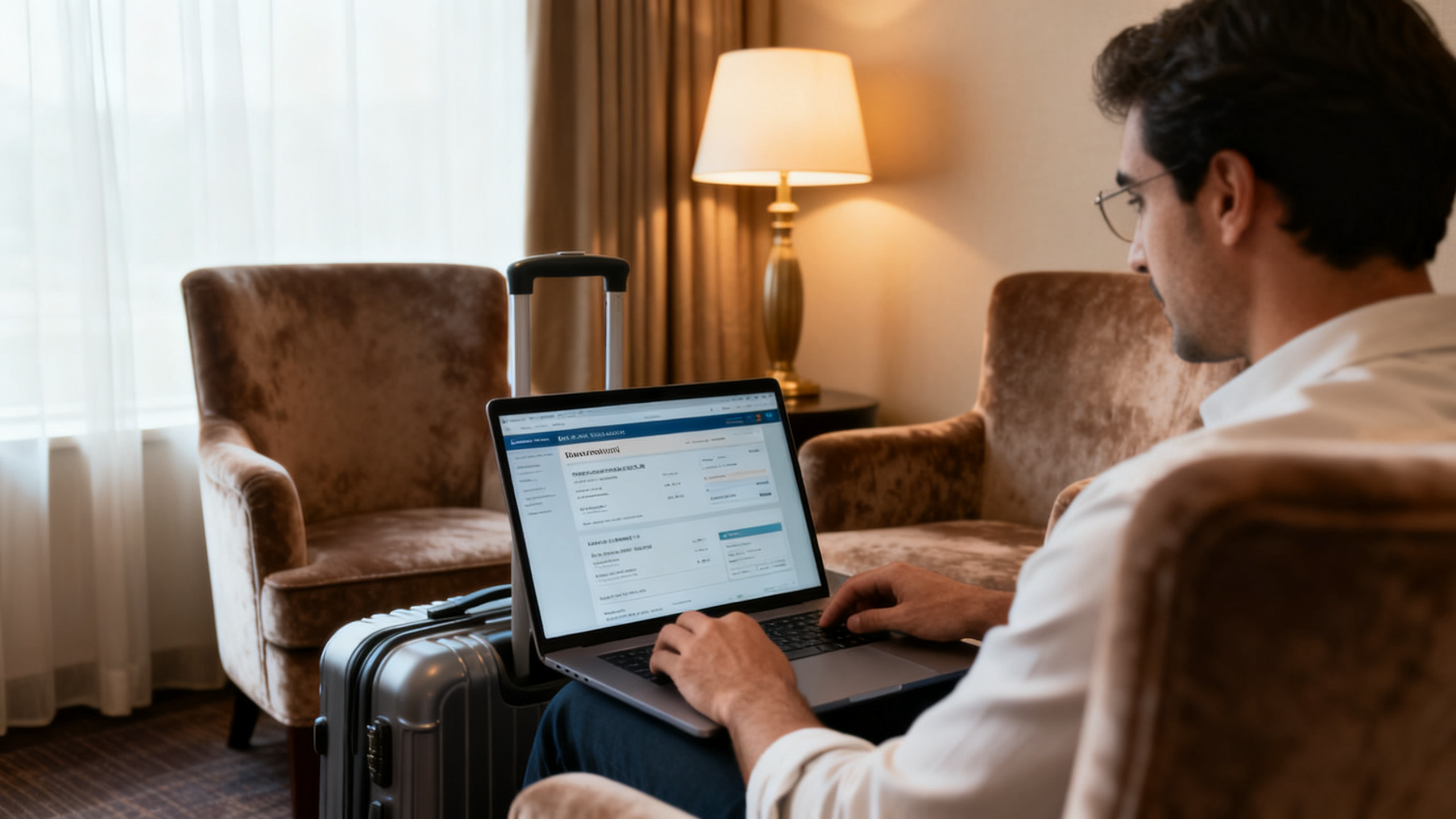 Traveler reviewing reservation details on a laptop in a cozy hotel corner with plush chairs and soft lamps.