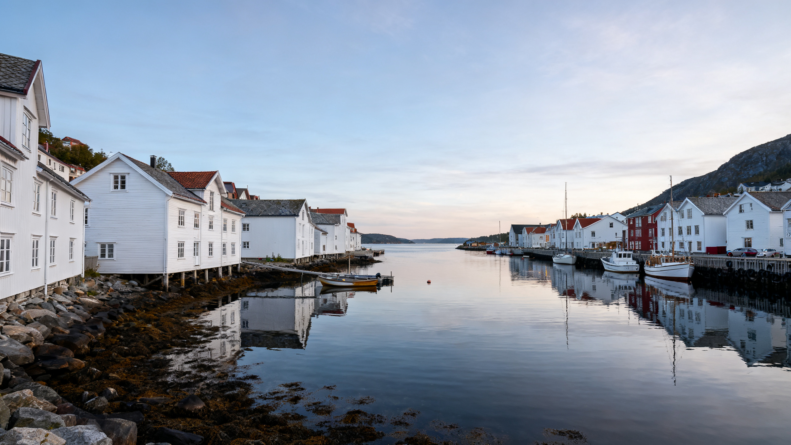 Risør white wooden houses seaside harbor boats