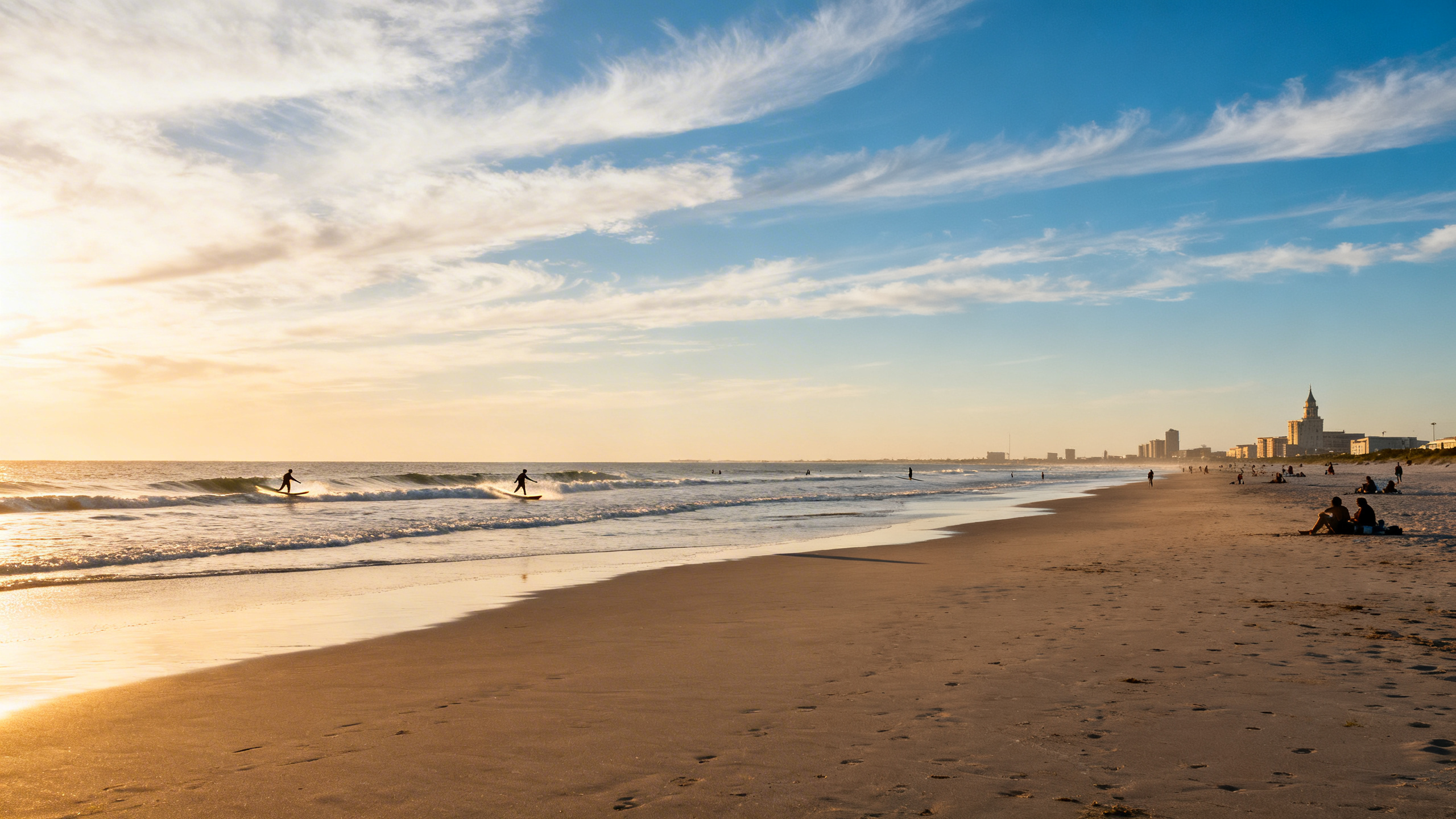 Wide, sandy beach with surfers and beachgoers under a cloud-streaked blue sky at Port Aransas.
