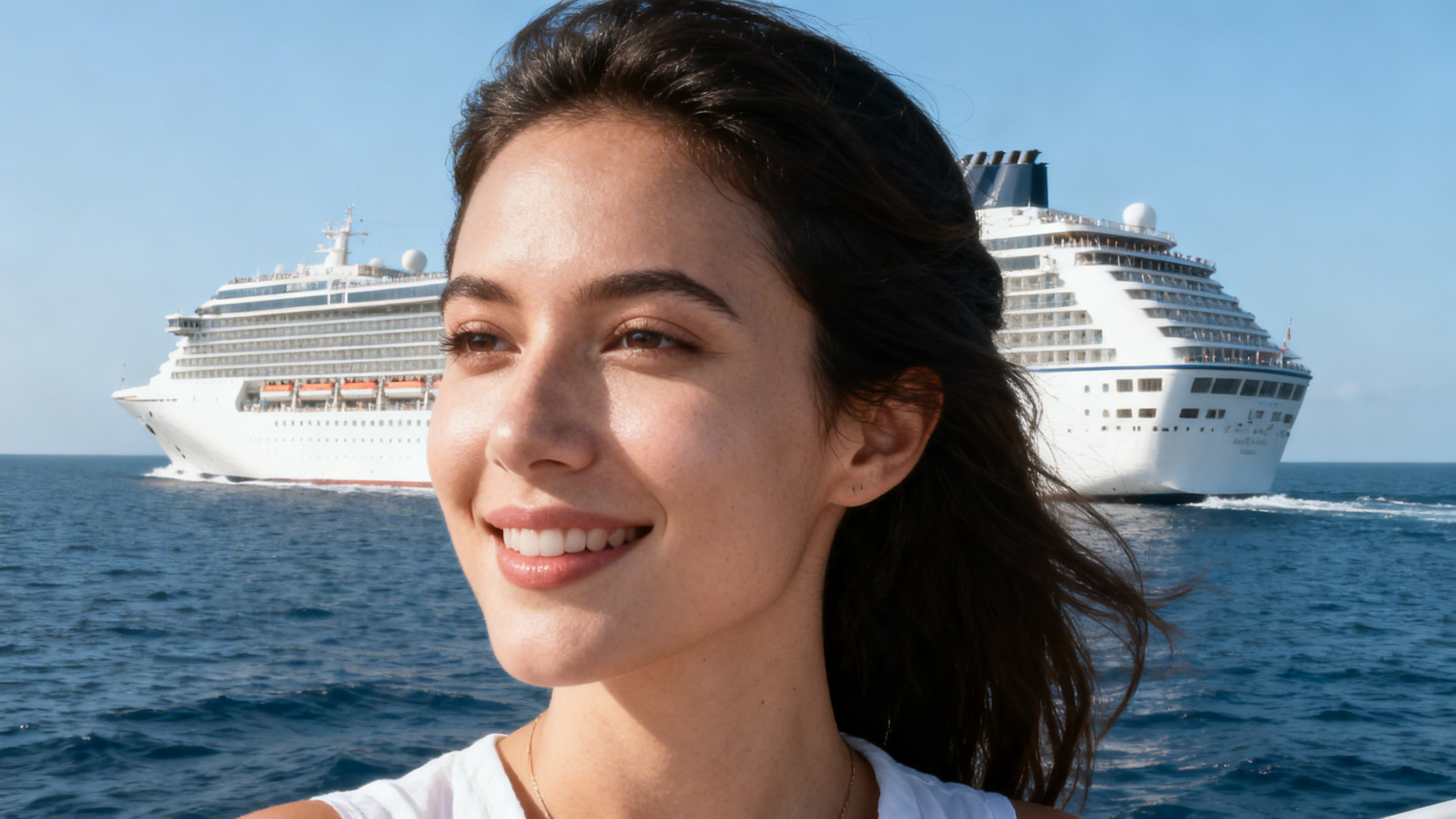 A large white cruise ship sailing in open water on a clear sunny day