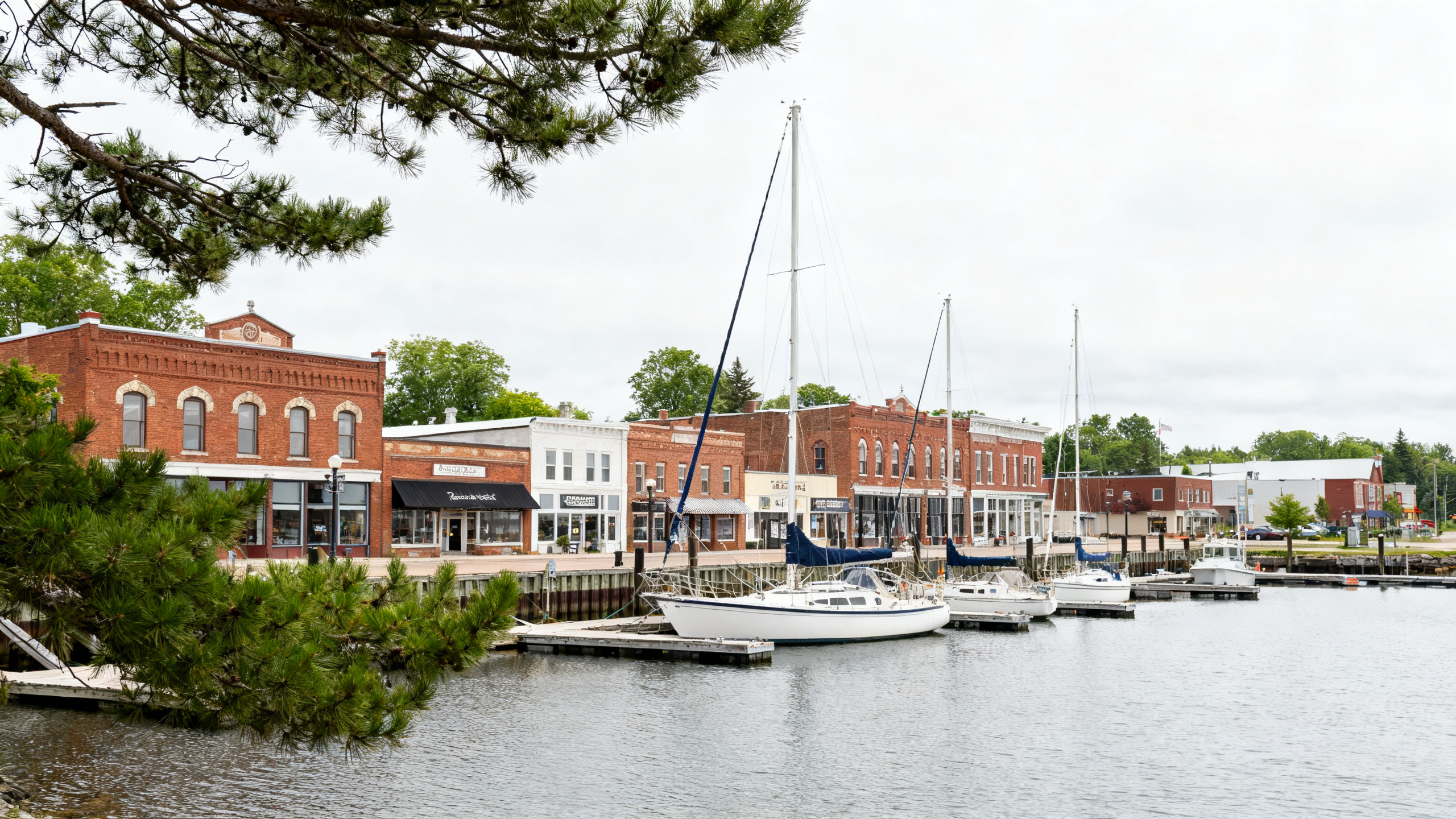 A small harbor with sailboats docked, surrounded by historic brick storefronts and pine trees on a bright summer afternoon in Bayfield.