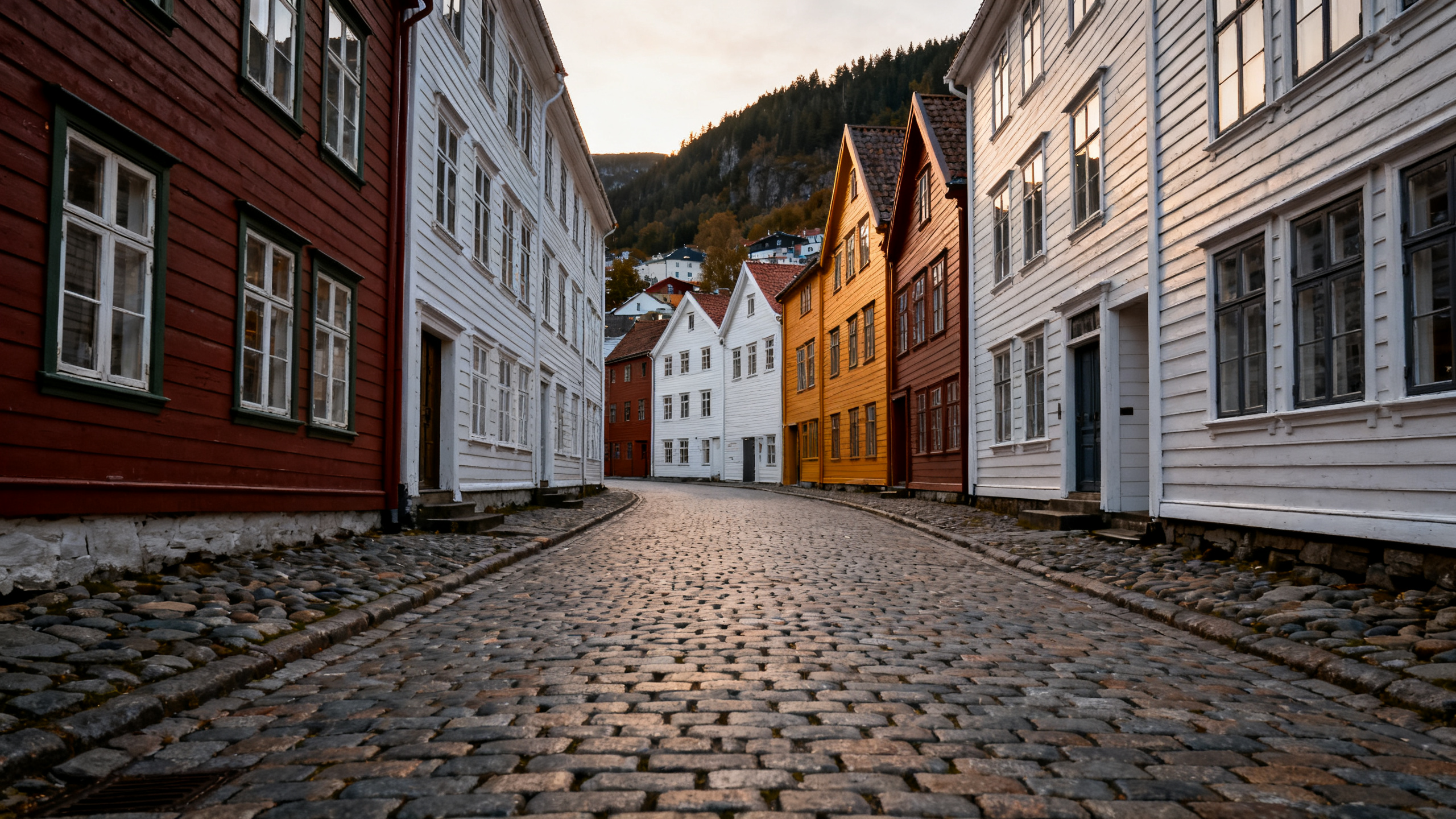 Norwegian old town cobblestone streets wooden houses