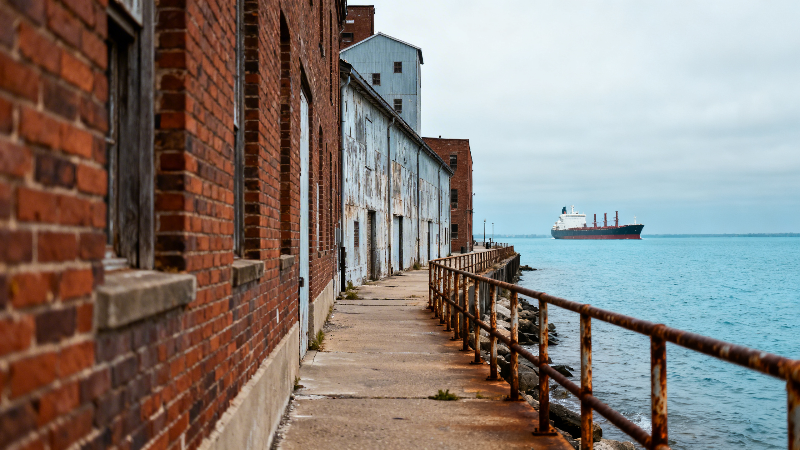 A gritty lakeside industrial district with warehouses along the shoreline of Lake Erie near Cleveland