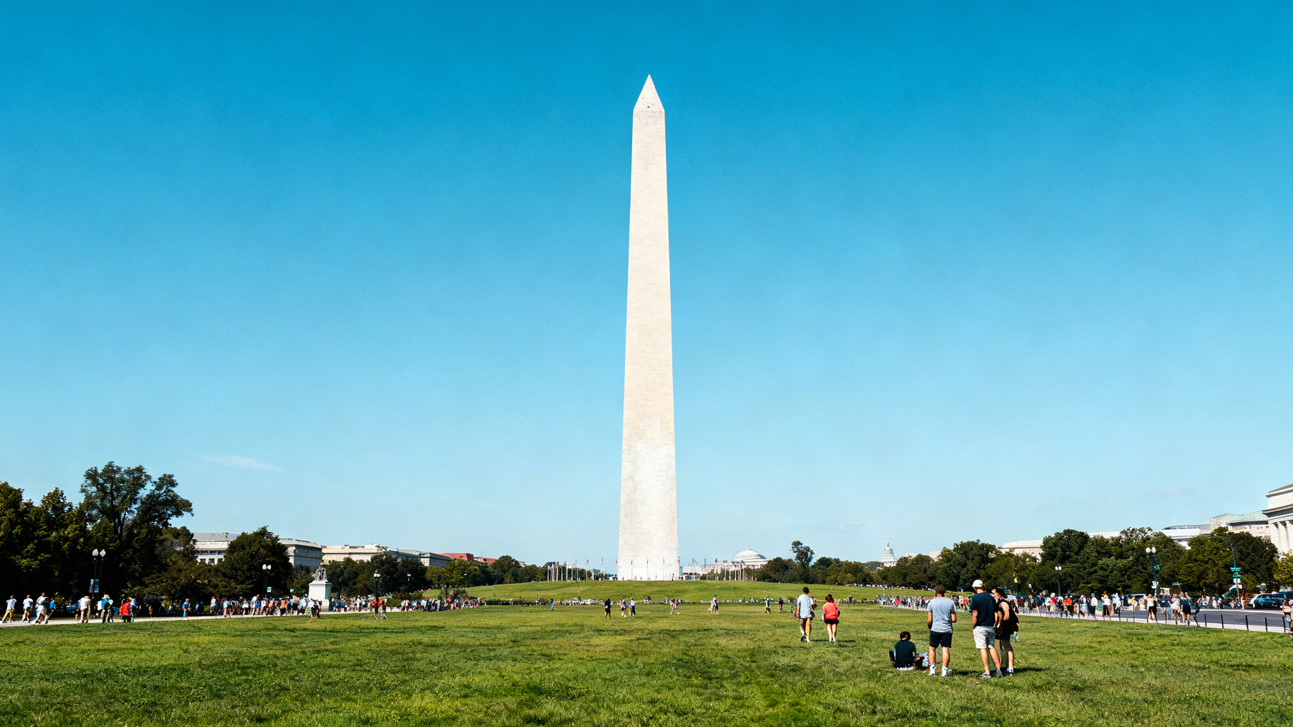 The slender Washington Monument piercing a blue sky, surrounded by green lawns and sightseeing visitors on the National Mall