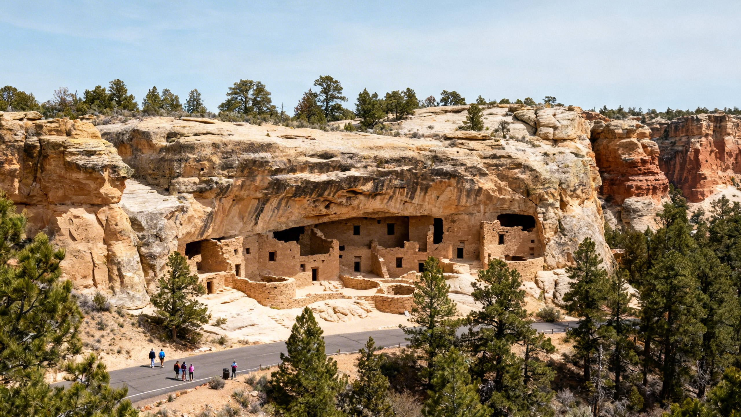 Cliff dwellings built into sandstone alcoves surrounded by rugged mesa terrain and pine forest under a clear sky