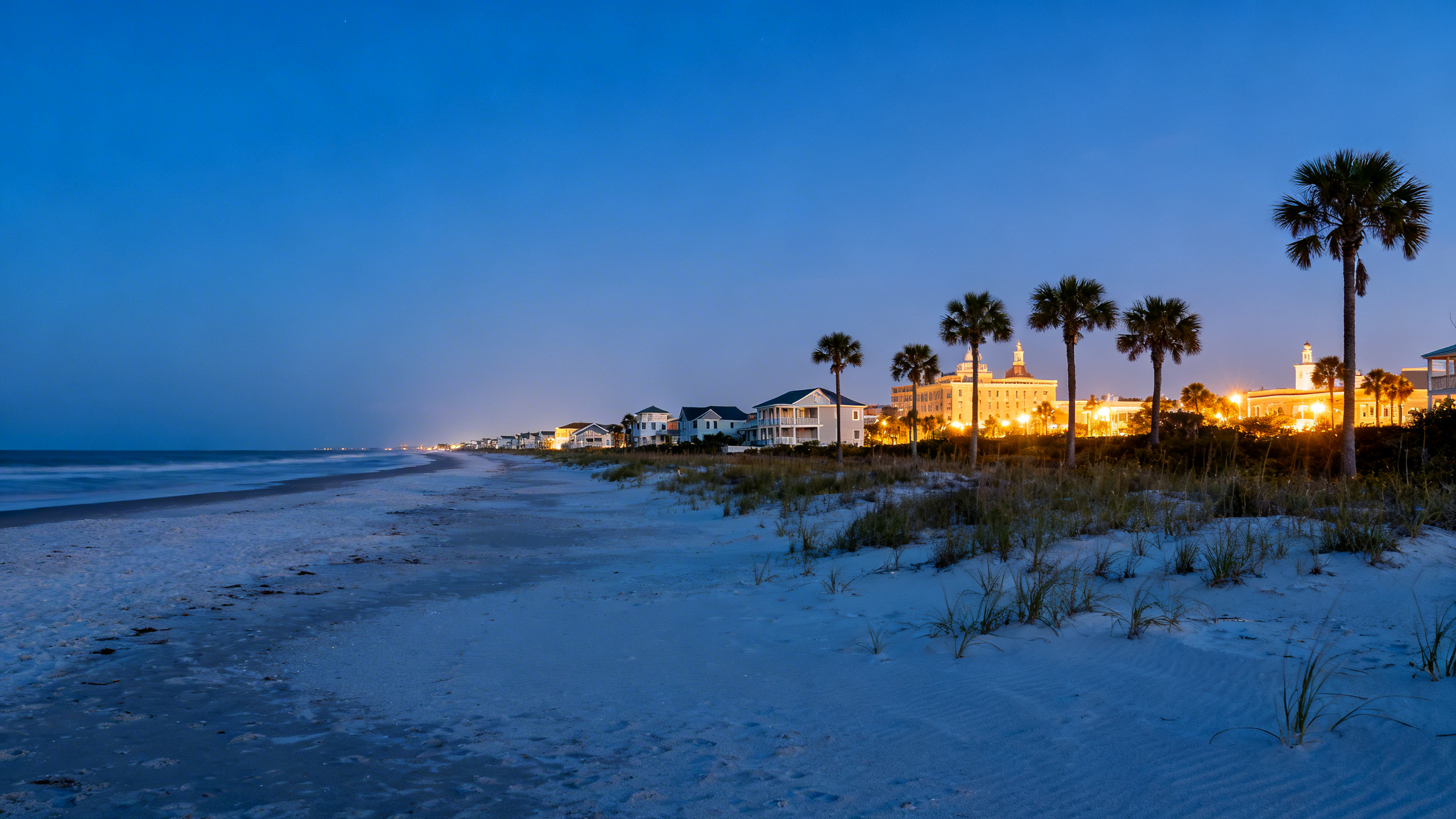 Sunset over sandy beaches with scattered palm trees and distant cottages on Tybee Island’s coast.