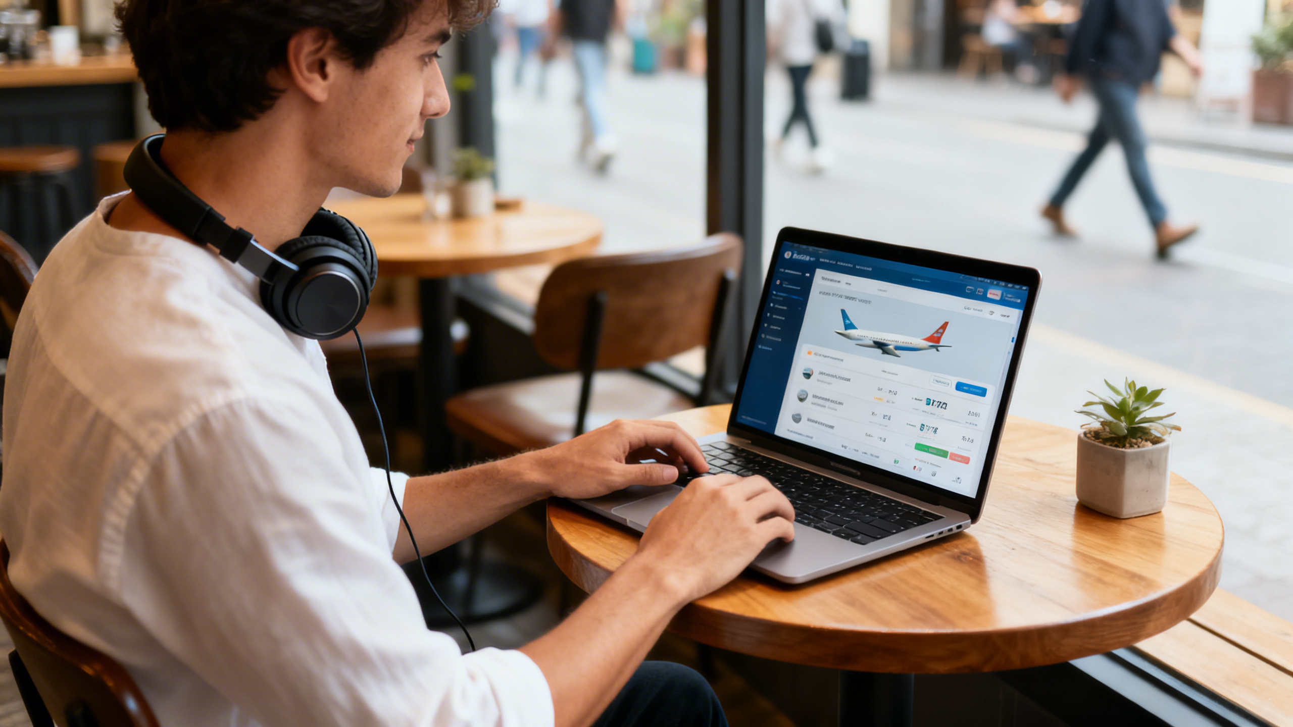 Person browsing flight options on a laptop at a cozy cafe table, headphones around neck