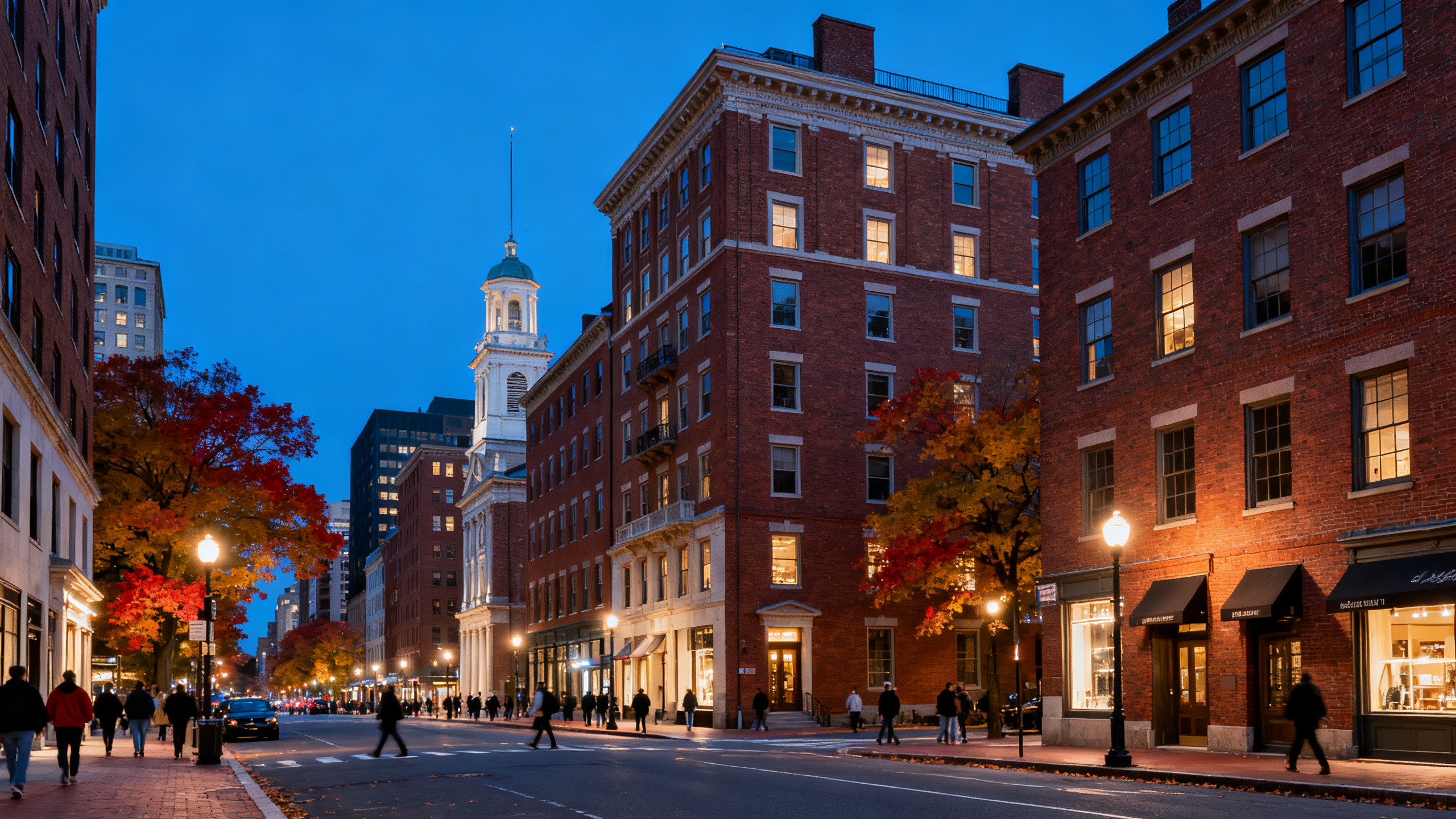 Boston’s historic brick buildings lining a busy street filled with pedestrians in fall colors