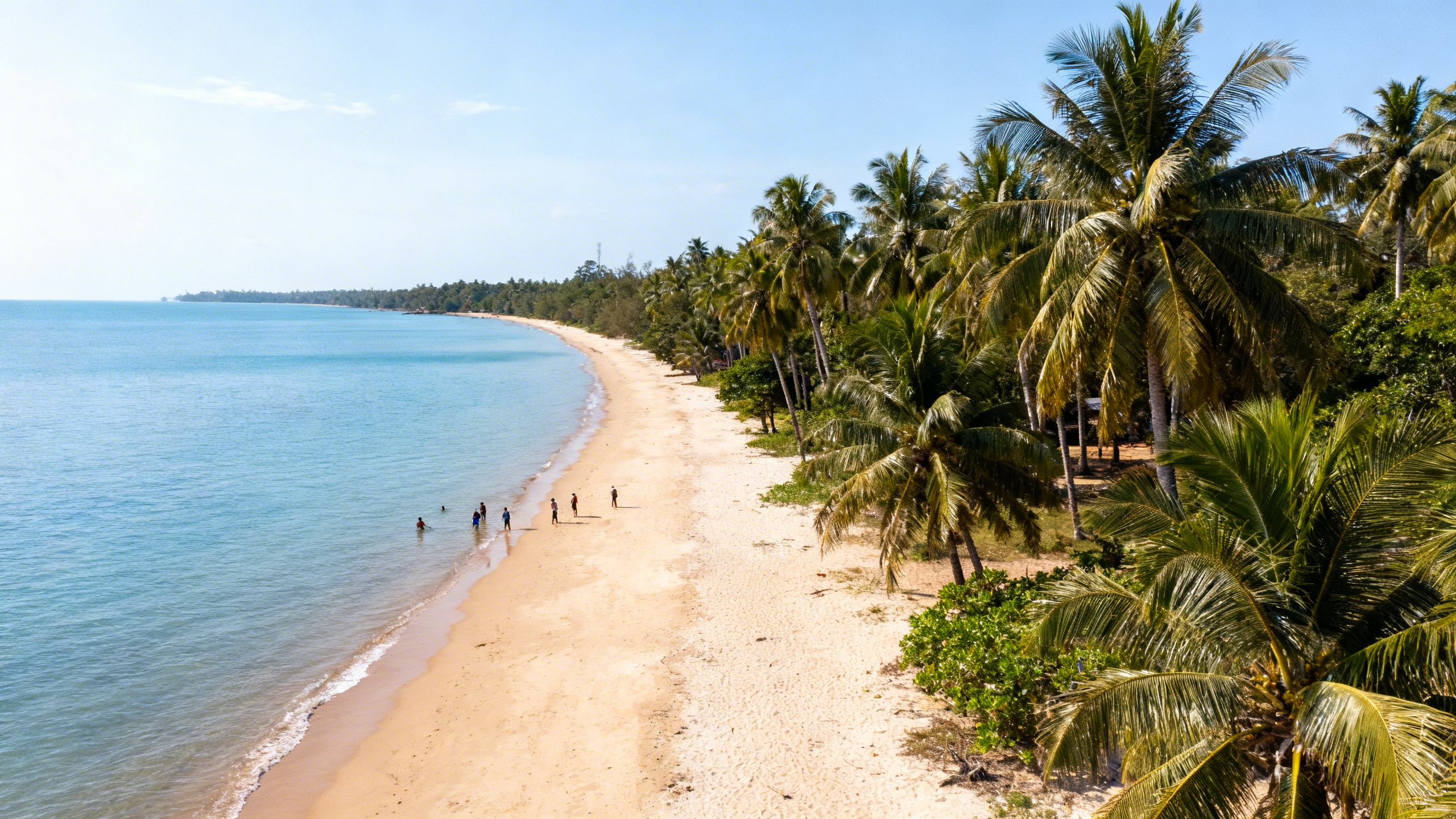 Palm-fringed sandy beach with calm blue waters under a bright sky, few visitors, on a remote Cambodian island