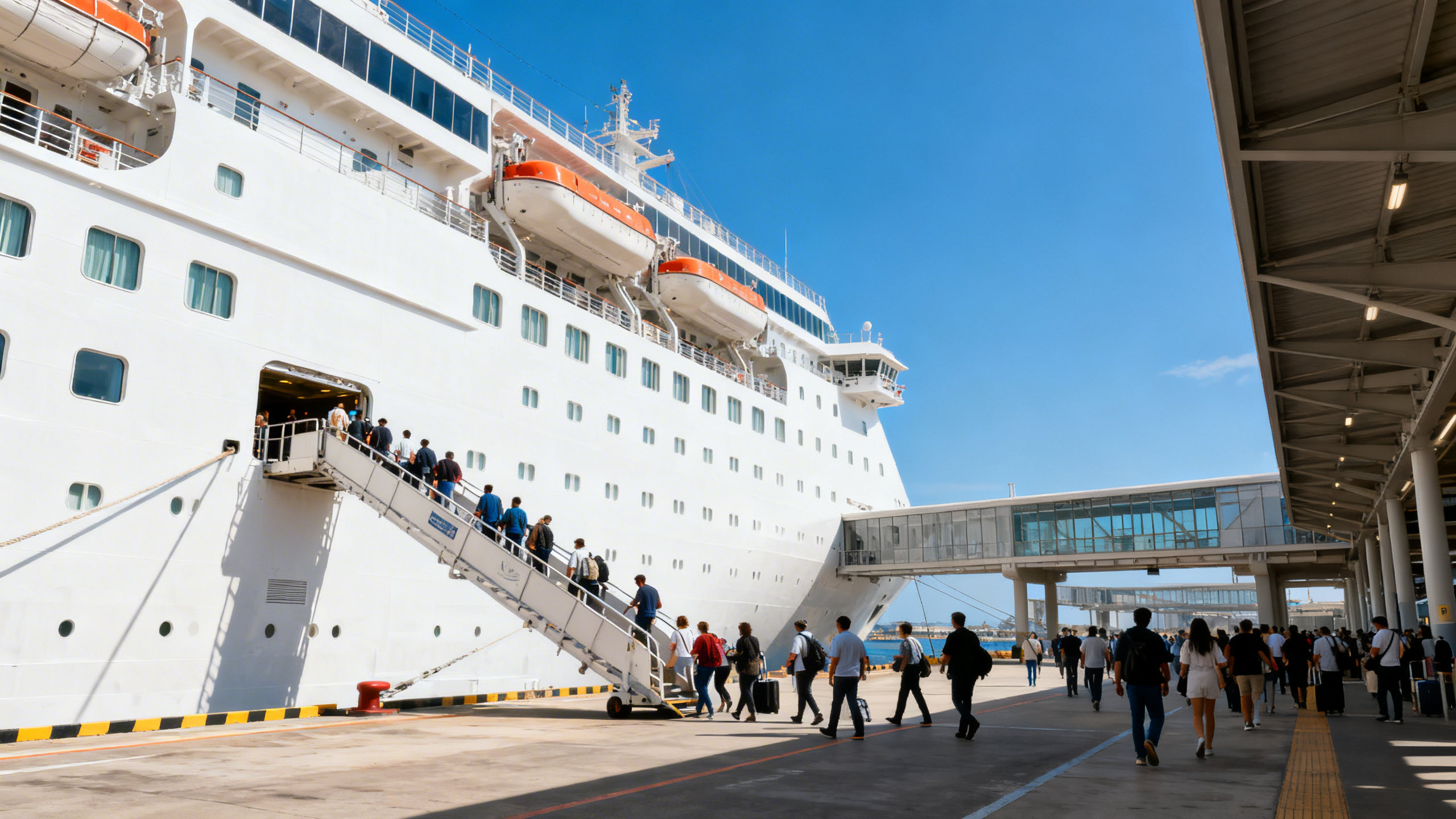 A bustling cruise terminal with passengers boarding a large white cruise ship under a clear blue sky
