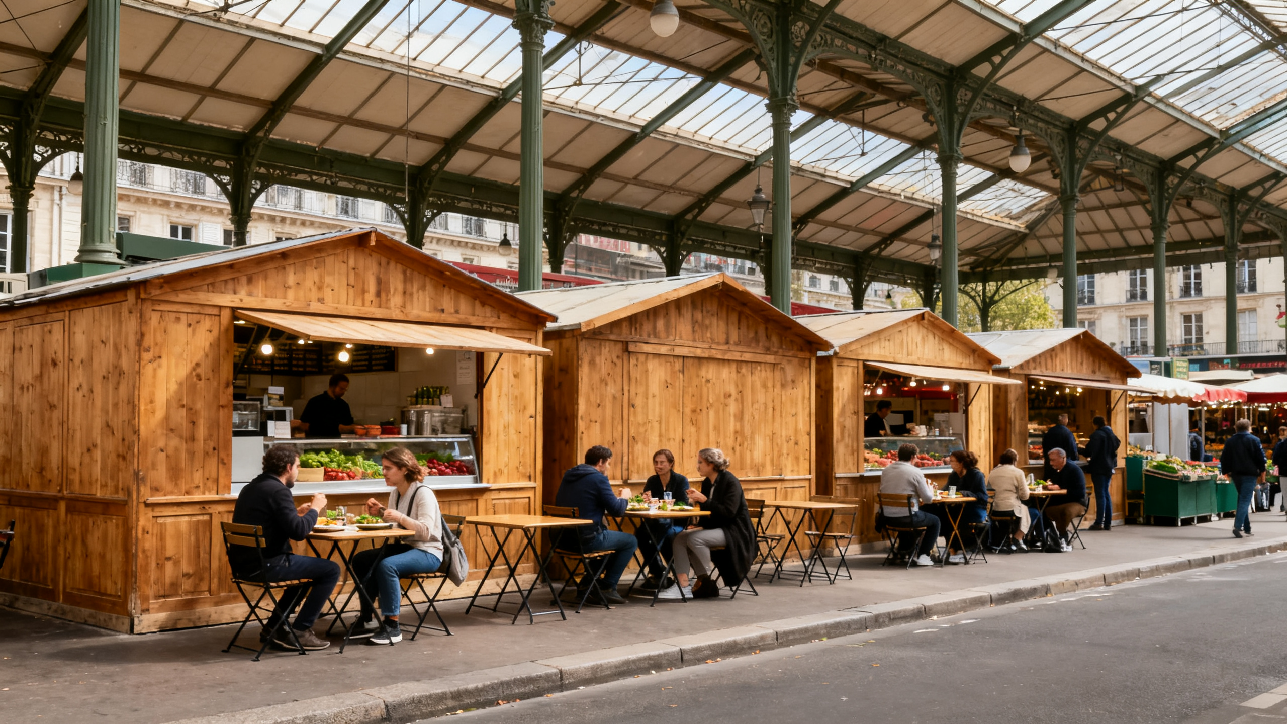 Quaint covered market in Paris with wooden stalls, small tables, and patrons enjoying fresh meals in a cozy setting