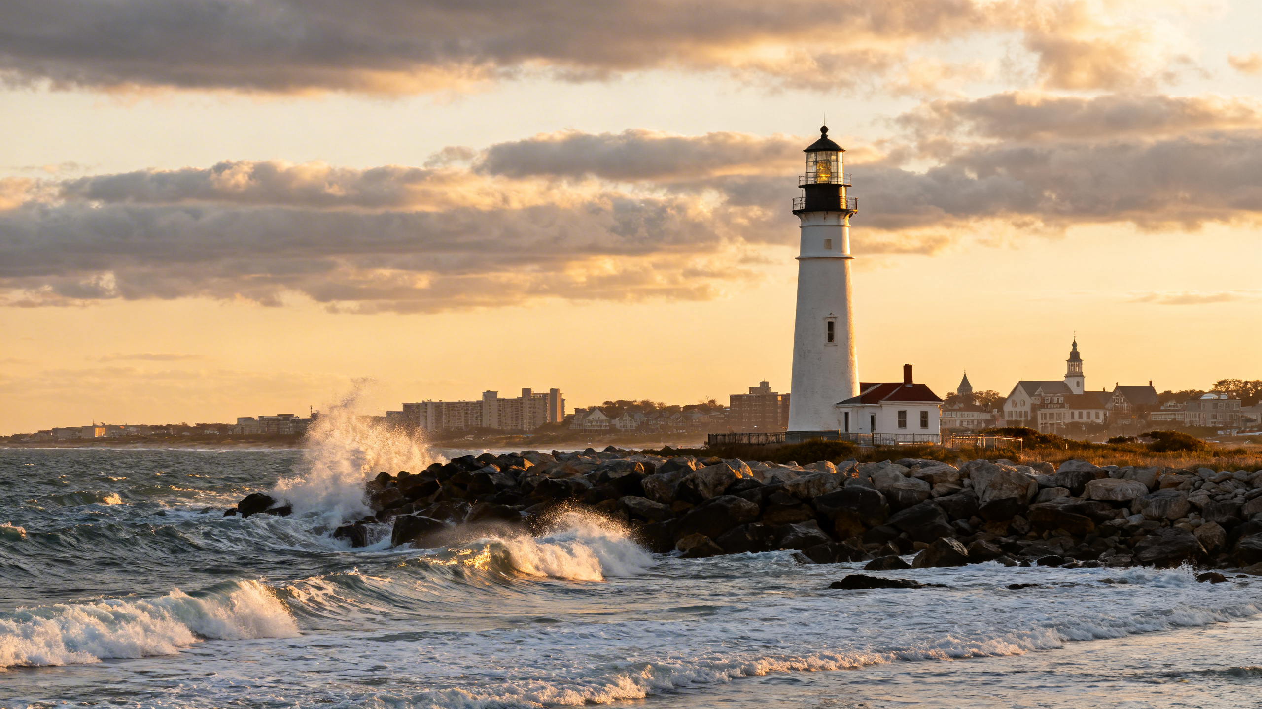 Lighthouse on a rocky coastline with waves crashing under partly cloudy skies in Montauk.