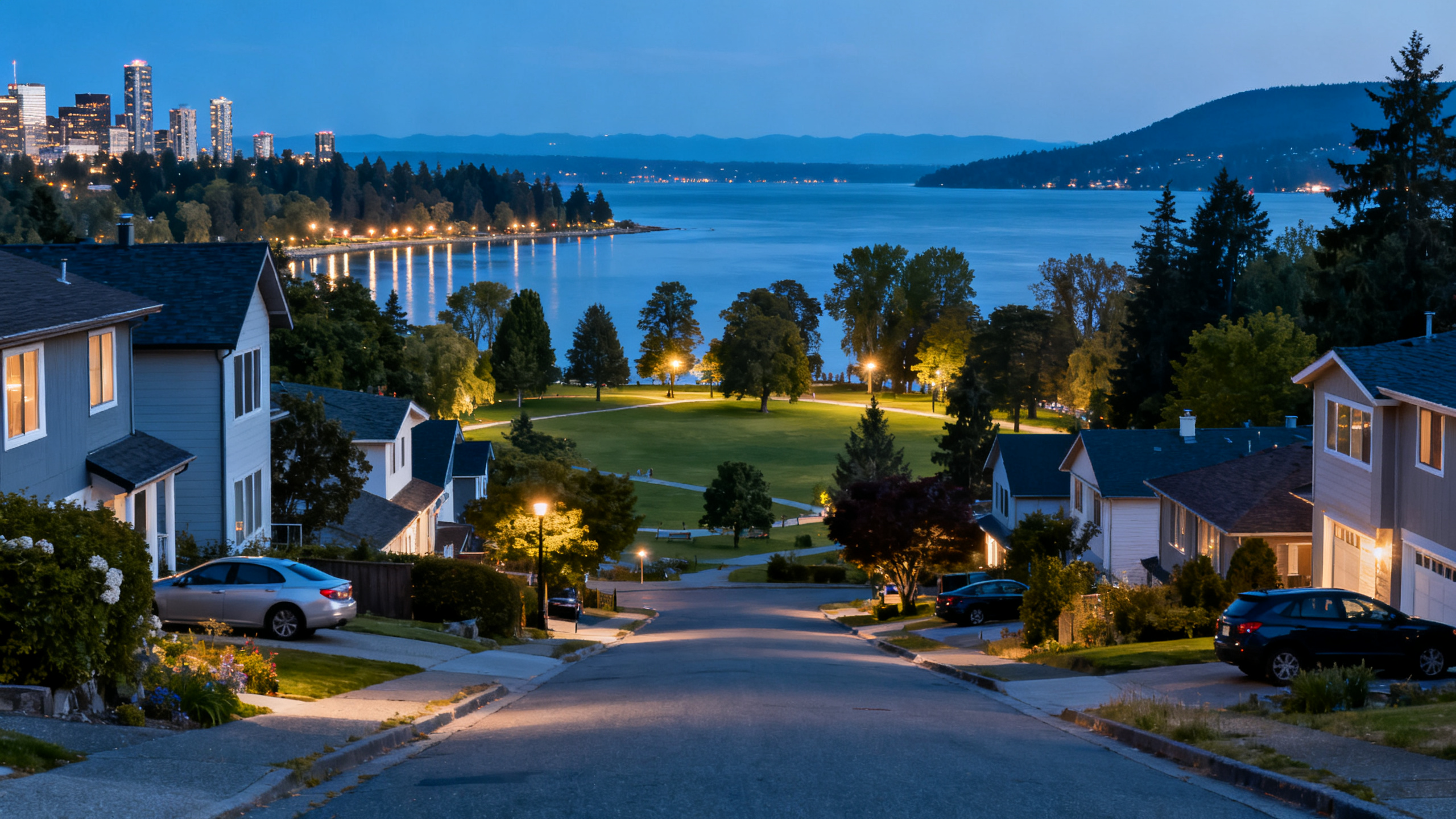 Quiet residential streets in Grandview overlooking expansive views of nearby aquatic parks and tree-lined shores in summer.