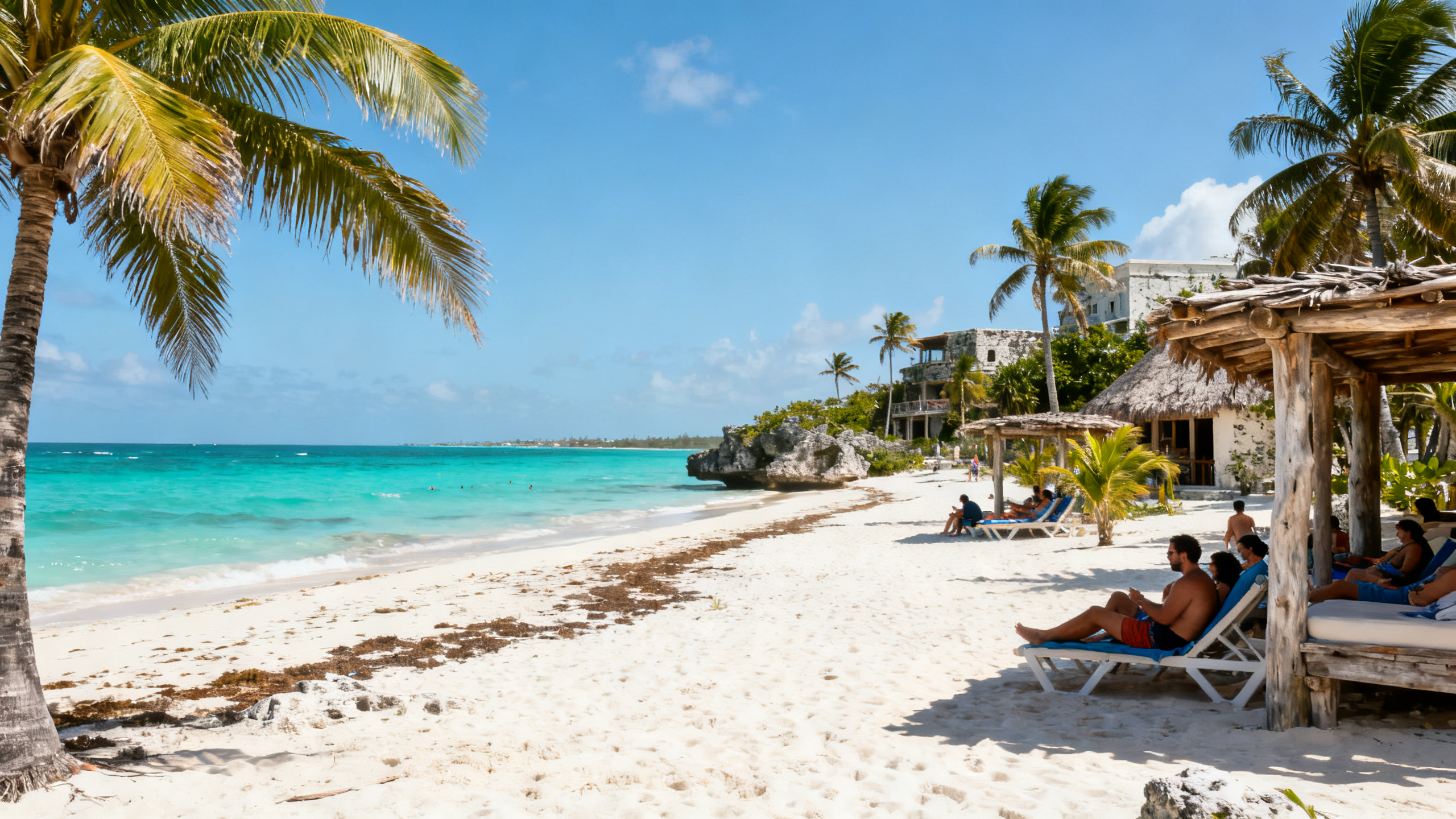 Sandy beach with turquoise water and palm trees, rustic wooden structures and tourists lounging under bright sunlight in Tulum