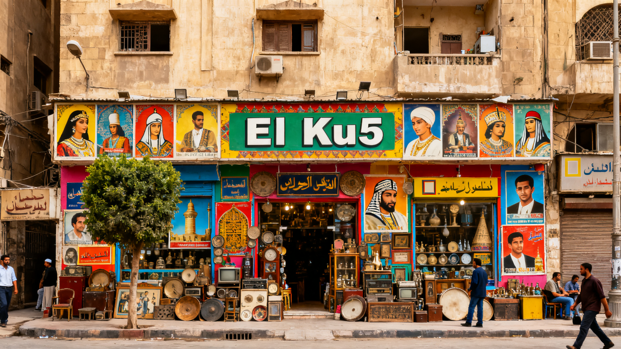 Quirky, vibrant exterior of El Ku5 with colorful traditional Egyptian posters and vintage memorabilia lining the street in downtown Cairo