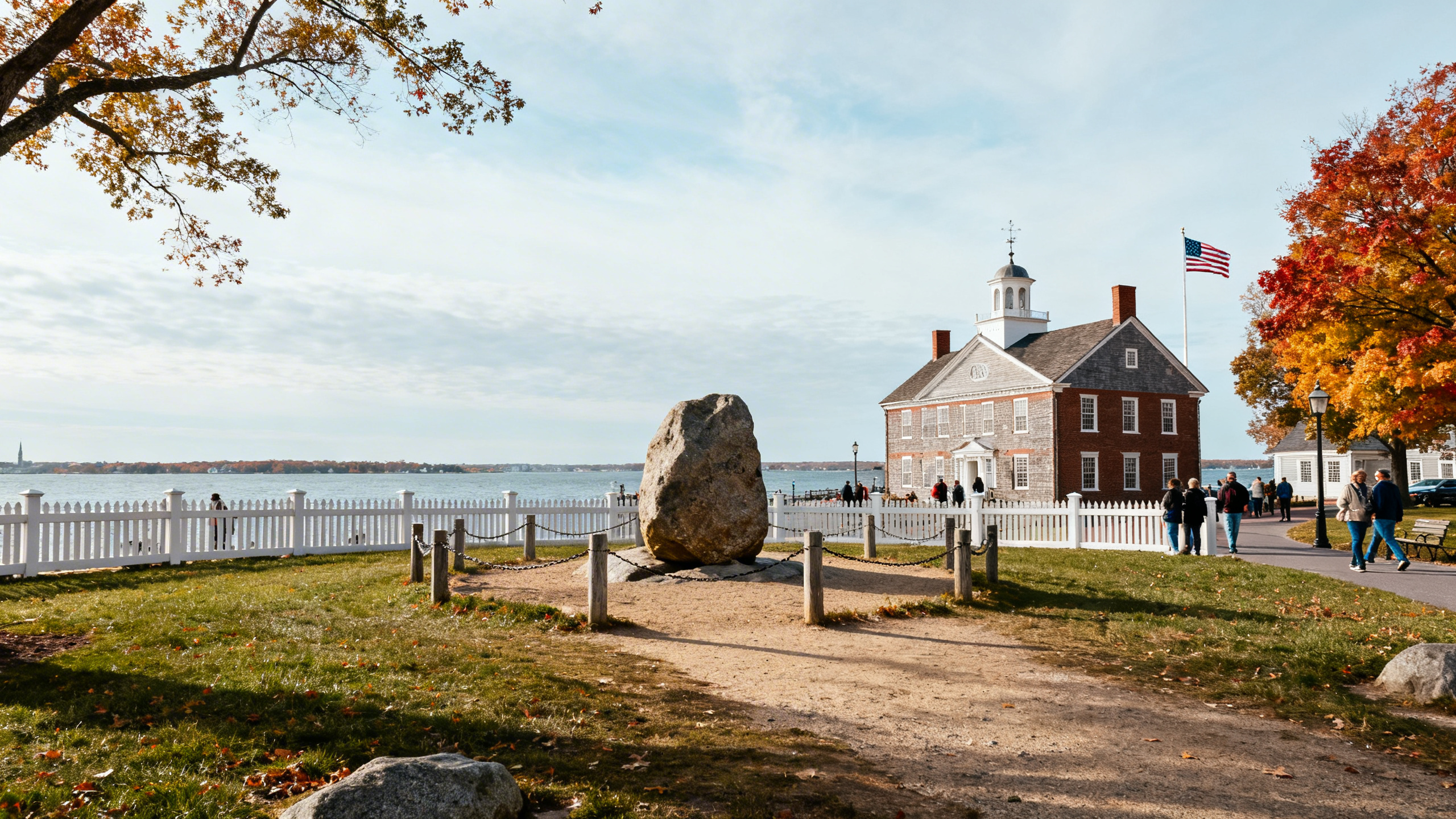 The Patriotic setting of Plymouth Rock surrounded by Colonial-style fencing and historic buildings with fall foliage nearby