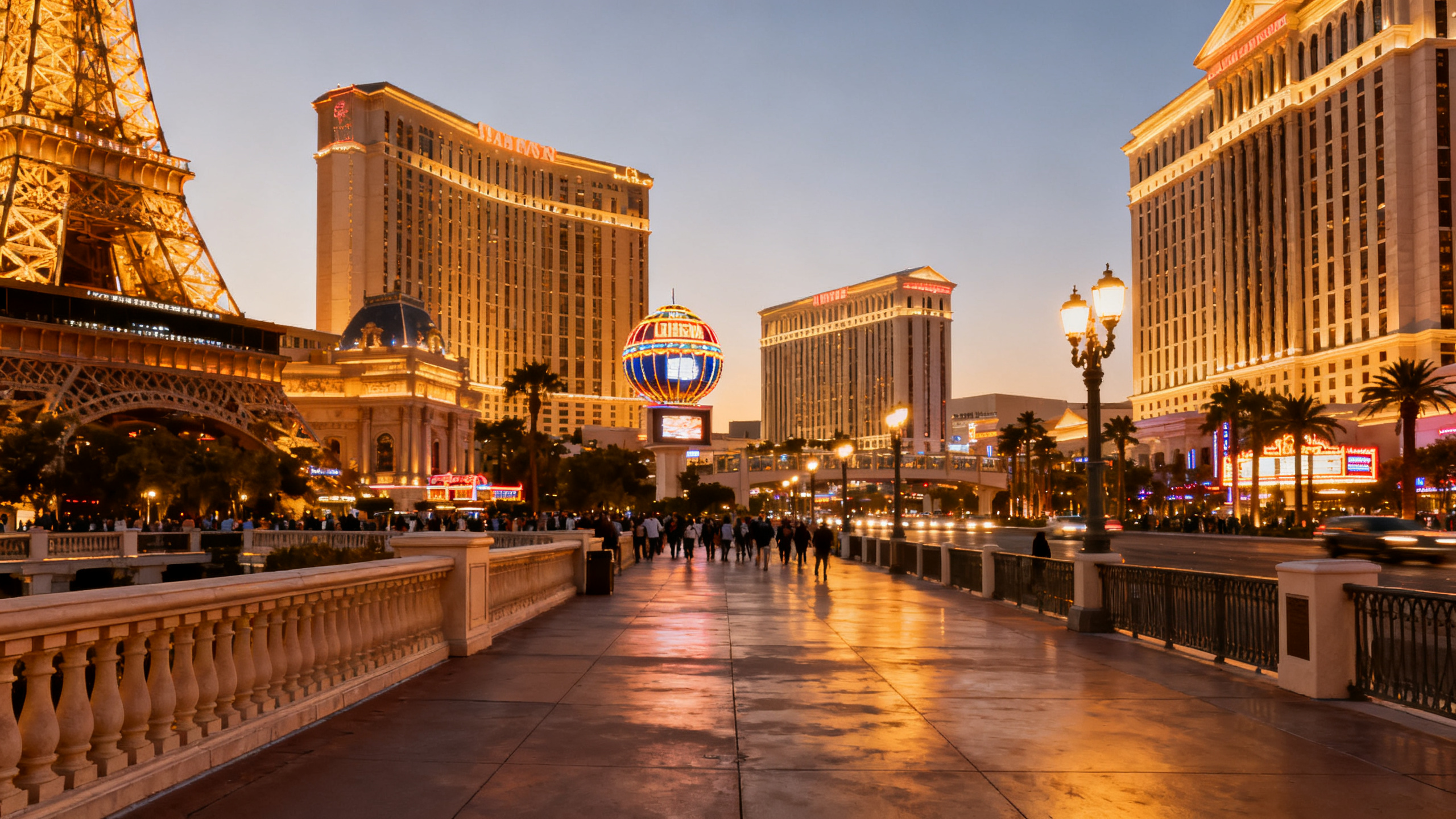 Brightly lit casino hotels and crowded sidewalks along the Las Vegas Strip at night