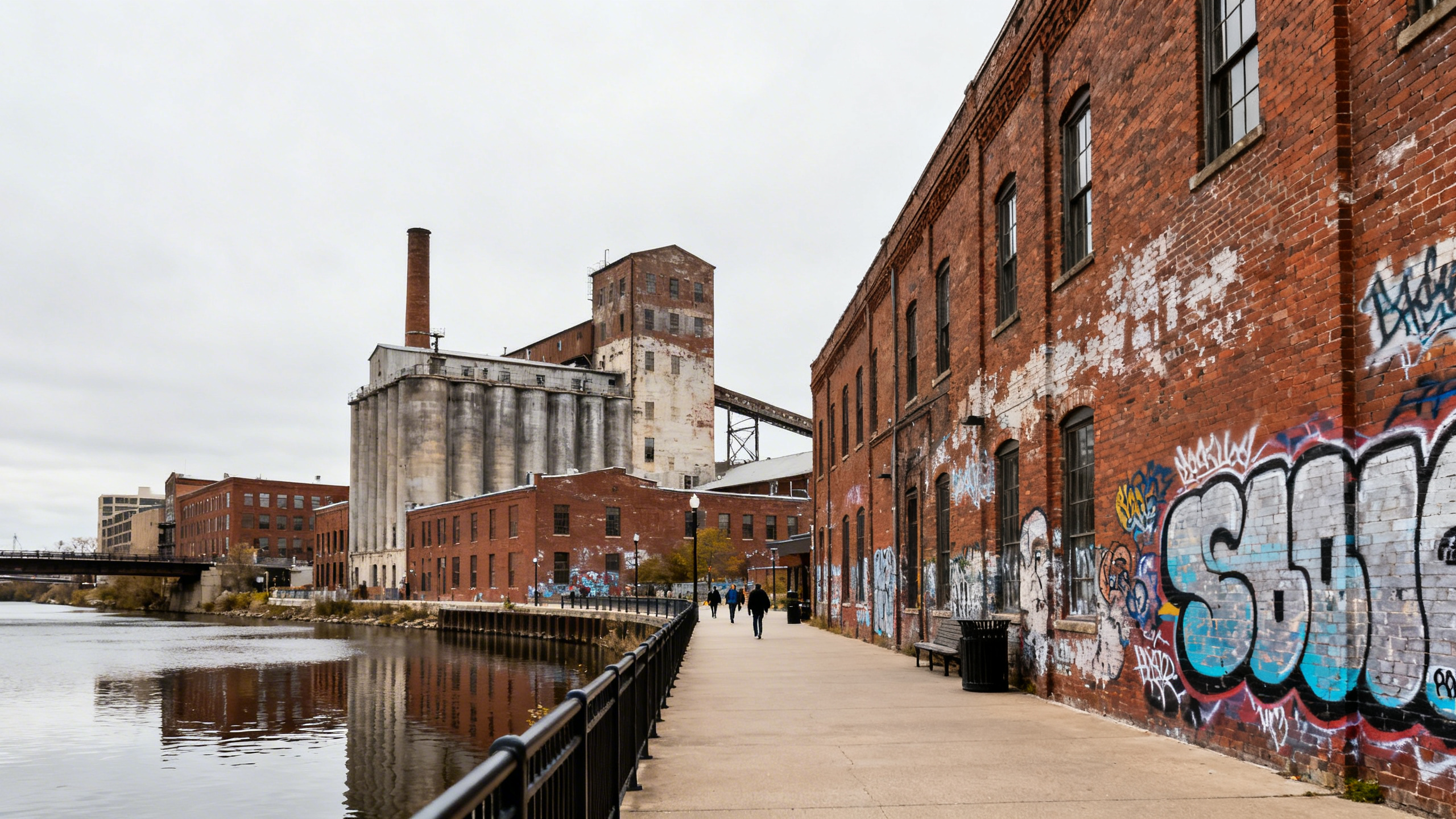 Rustic brewery district with brick buildings, graffiti, and a riverwalk under an overcast sky in Milwaukee