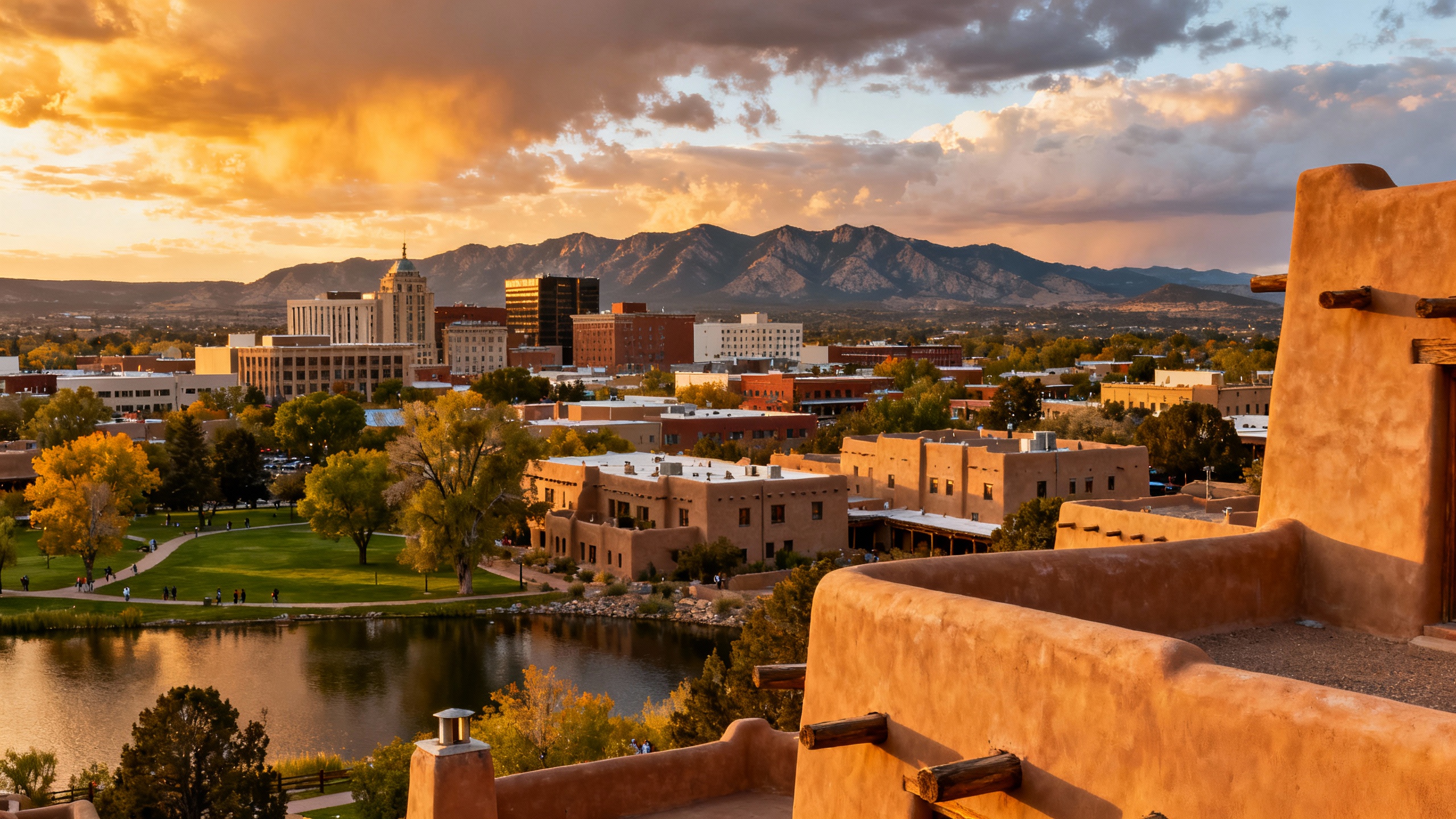 Santa Fe, New Mexico adobe buildings with mountain backdrop